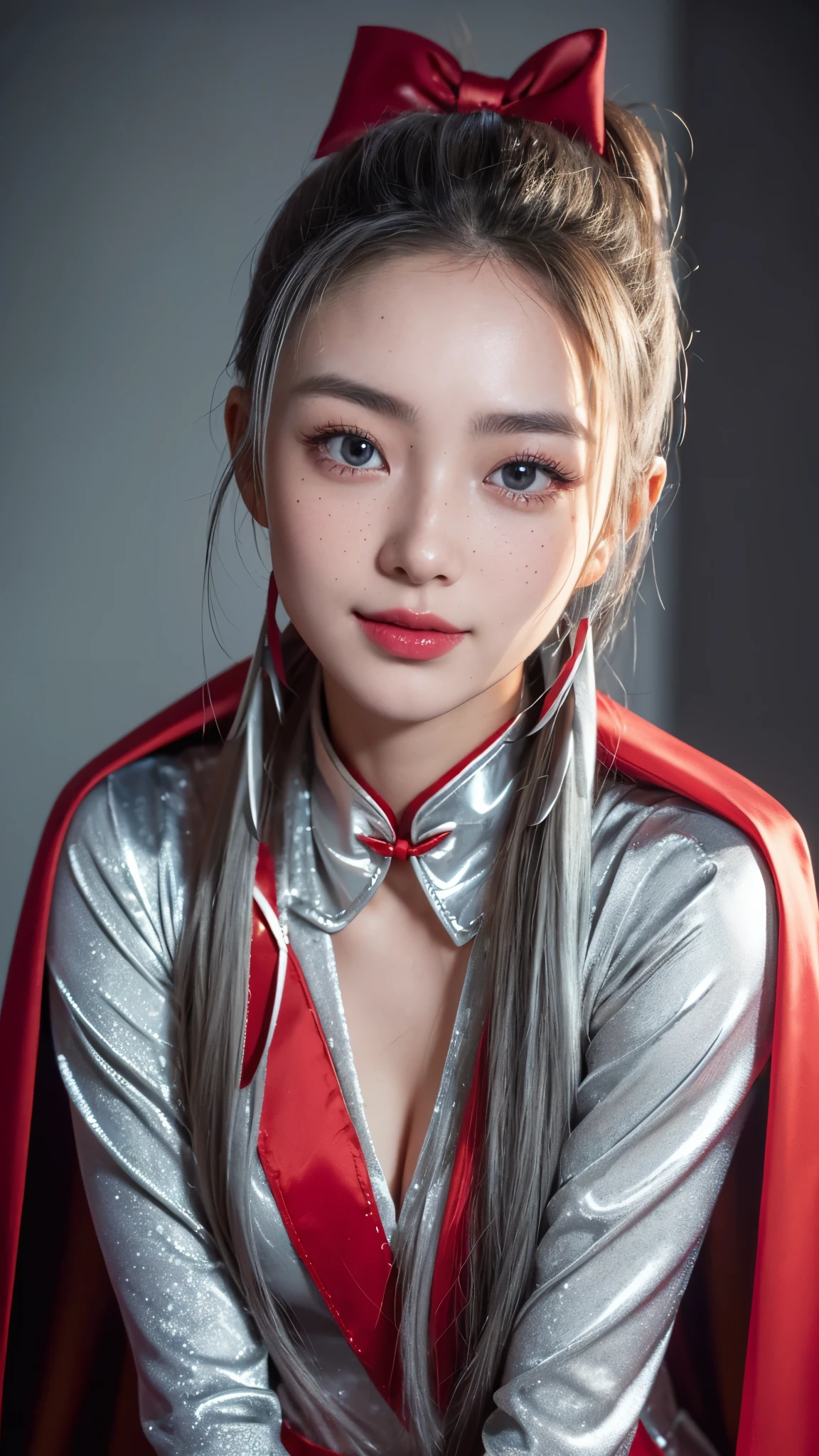(Raw photo) , Detailed features , perfect face , perfect eyes , detailed eyes , (beautiful:1.50) , beautiful chinese girl in her 20s with long hair in a ponytail , smiling , (((long voluminous high collar silver satin and red lined cape tied at the neck with a ribbon:1.10))) , minidress , full body, slight skin blemishes, sly smile, high-quality ultra realistic style, warm tones, soft lighting, detailed eyes, subtle freckles, professional, expressive , 8K , highly detailed