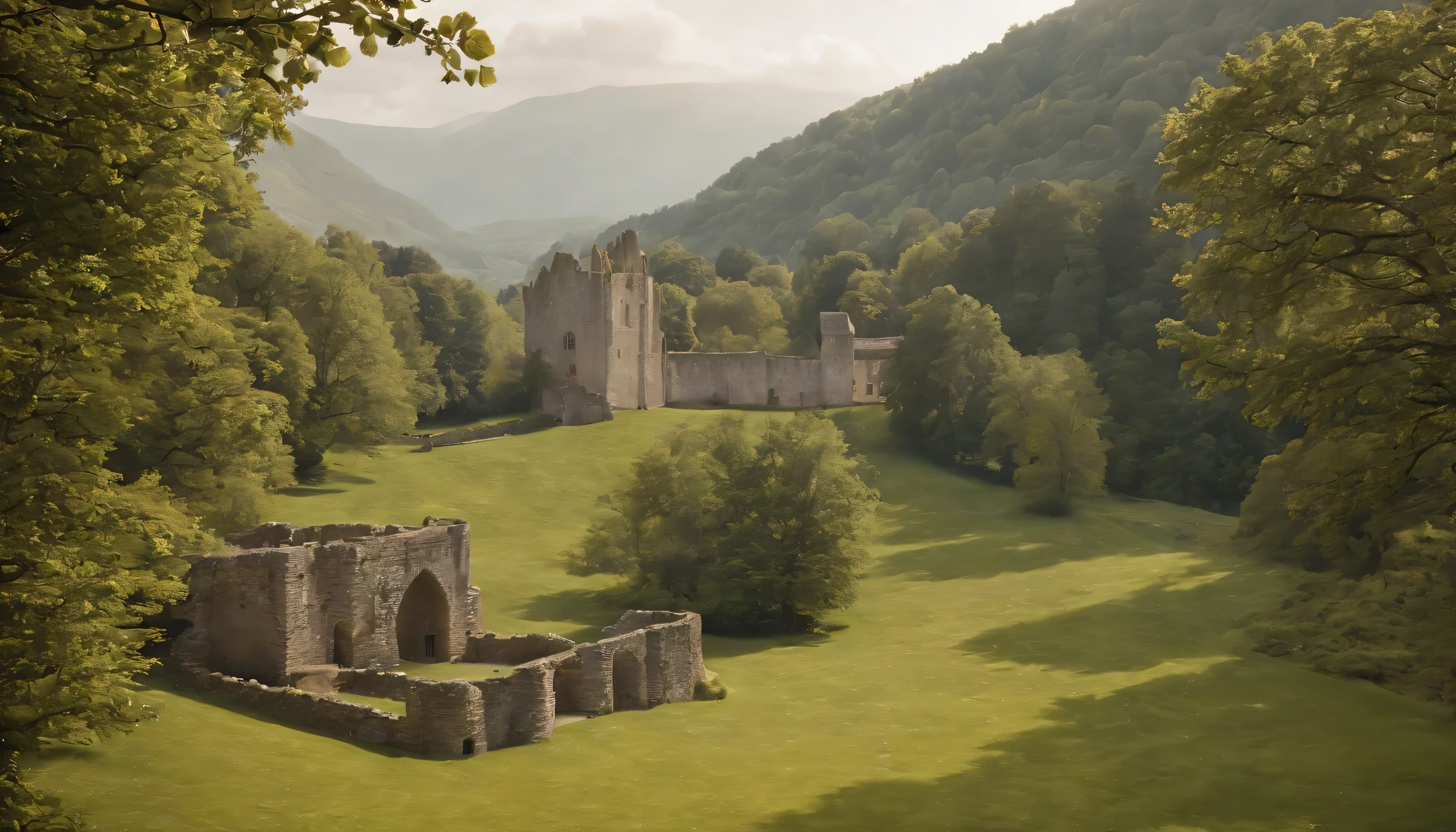 (Highly detailed CG Unity 8k wallpaper、masterpiece、highest quality、Super detailed)、(best lighting、best shadow、very delicate and beautiful)、highest quality、8k、Detailed facial depiction、masterpiece、highest quality、clear image quality、
Photo taken from a train window in England'Ancient ruins and pilgrimage sites。
