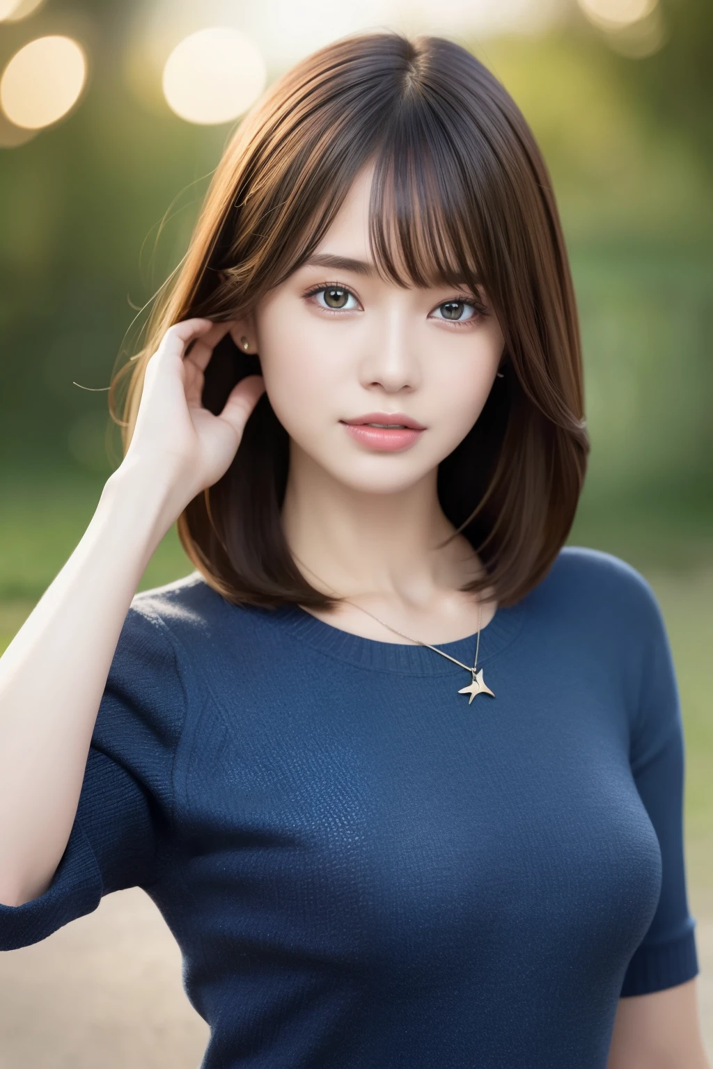 (RAW photo: 1.2), (realistic: 1.4), (highest quality: 1.4), ultra high resolution, (fine eyes), (detailed facial features), (Detailed features of garments), HDR, 8K resolution, focus only, bangs, skin tightening, (slender girl), dream-like, Japanese,
(Ultra-fine illustration), landscape, no text,
Medium chest, straight hair, short hair, black hair, black eyes,
one girl, whole body, The background is a park at night,
fish pendant,
light blue tight sweater,
cute, sexy,
(smile),