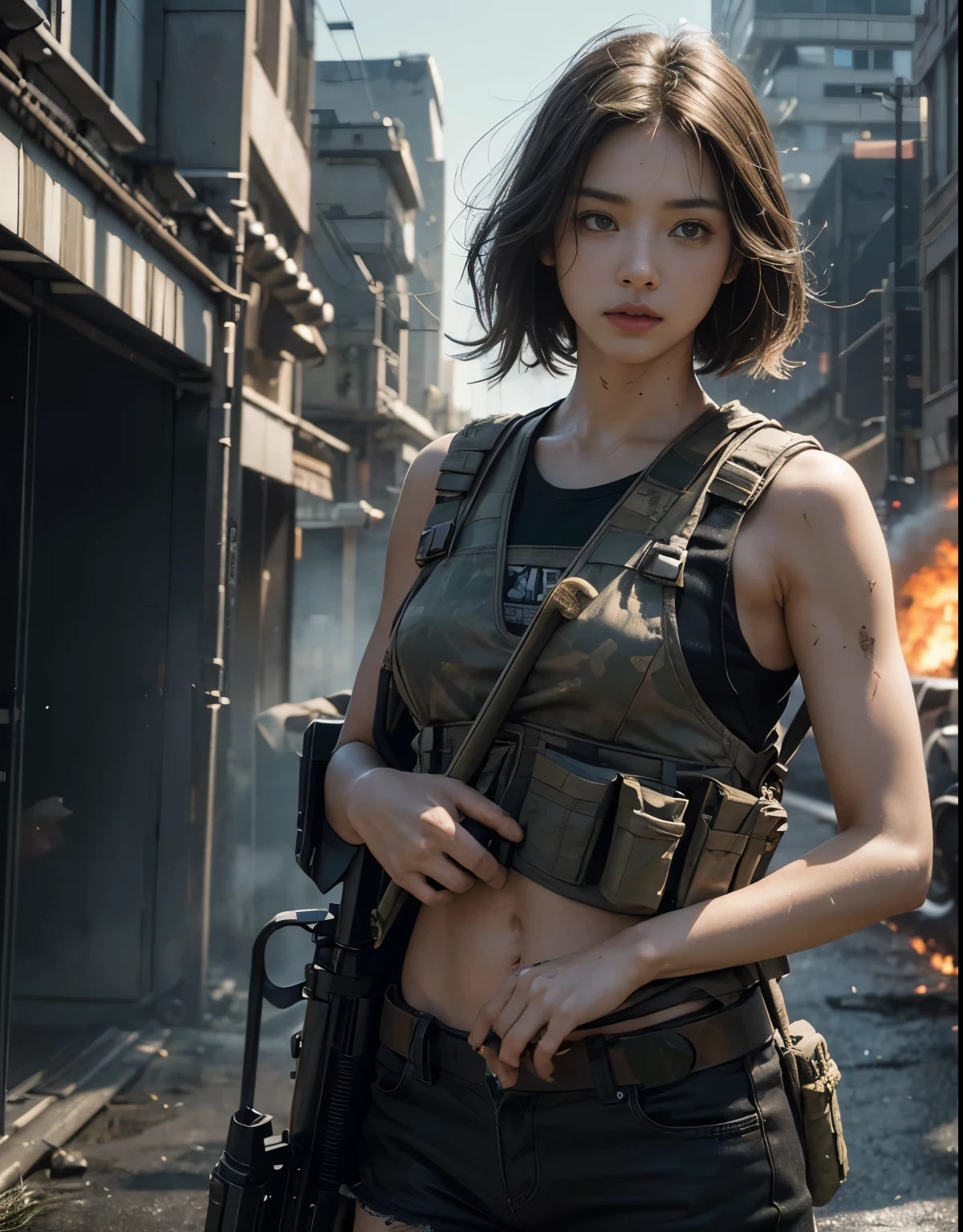 (8k, RAW photo, highest quality, masterpiece:1.2),(realistic, realisticな写真:1.4),(Highly detailed CG Unity 8k wallpaper),(round face: 1.5), (detailed pupil:1.3),(cool eyes:1.1),(Unforgettable eyes:1.1),(Your eyes are so beautiful:1.1),
24-years-old, japanese woman, dirty face, Full of scars、shout、bronze skin, U in clothes.s. Marines,bulletproof vest、Backpack、heavy equipment、 Fighting on the 戦場, strong muscles, World war, Modern war themes,army girl, Run、Assault rifle with accurate details, (Hold your rifle: 1.3), (Aim そして hold the rifle.: 1.3), Gunfight, military, baseball cap, car on fire, war zone,, explosion, burning city, cigarette, Torn tank tower, belly button, glove, 破れたmilitary用パンツ, A face stained with mud and blood, sweaty skin, bloody skin, muddy skin, declaration of determination, exact expression, highest quality, ultra high resolution, realisticな, spirit、Physically based rendering(Physically based rendering(Physically based rendering)), cinematic lighting, Complex, cinematic look,soft light like a movie, pleasant tone, battlefield background, Background of urban warfare, realistic, cowboy shot, dynamic angle,, Mahindrathar, electric wire, 8k!!, 偉大なmasterpiece,, make: Tom Karafik、impressive pose