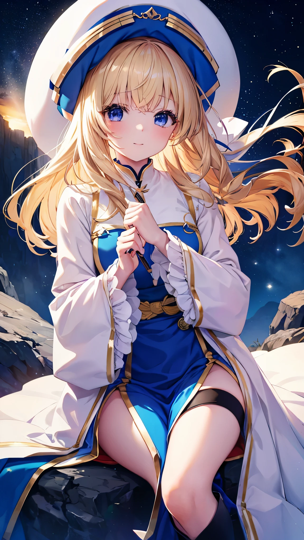 highest quality、best image quality、In 8K,4k,masterpiece、Super detailed、beautiful、super high quality、nice,game CG,beautiful***,five fingers,(Upper body:1.3),shrine maiden, blonde hair, blue eyes, long hair, hair between eyes,magic wand to grab,smile,knee high boots, dress, frills袖, frills, have, white hat, pelvic curtain, high heels, robe, thigh boots, white thighs, long sleeve, plump sleeves,hair blowing in the wind、starry sky,A mysterious space,(Sitting on a big rock),I clasped my hand,Light Powder