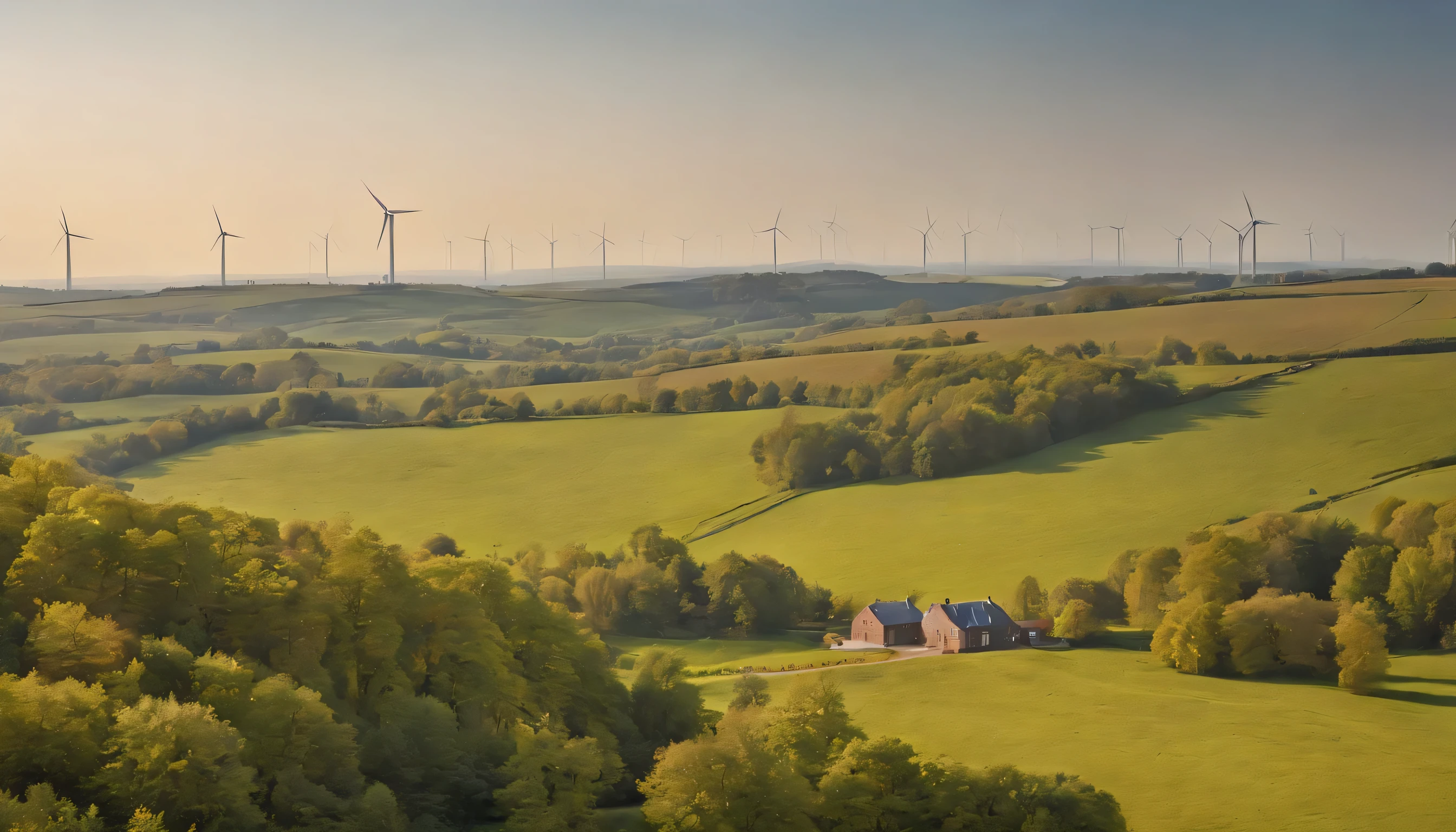 (Highly detailed CG Unity 8k wallpaper、masterpiece、highest quality、Super detailed)、(best lighting、best shadow、very delicate and beautiful)、highest quality、8k、Detailed facial depiction、masterpiece、highest quality、clear image quality、
Photo of a landscape with wind farms and solar panels in the UK seen from the train window。