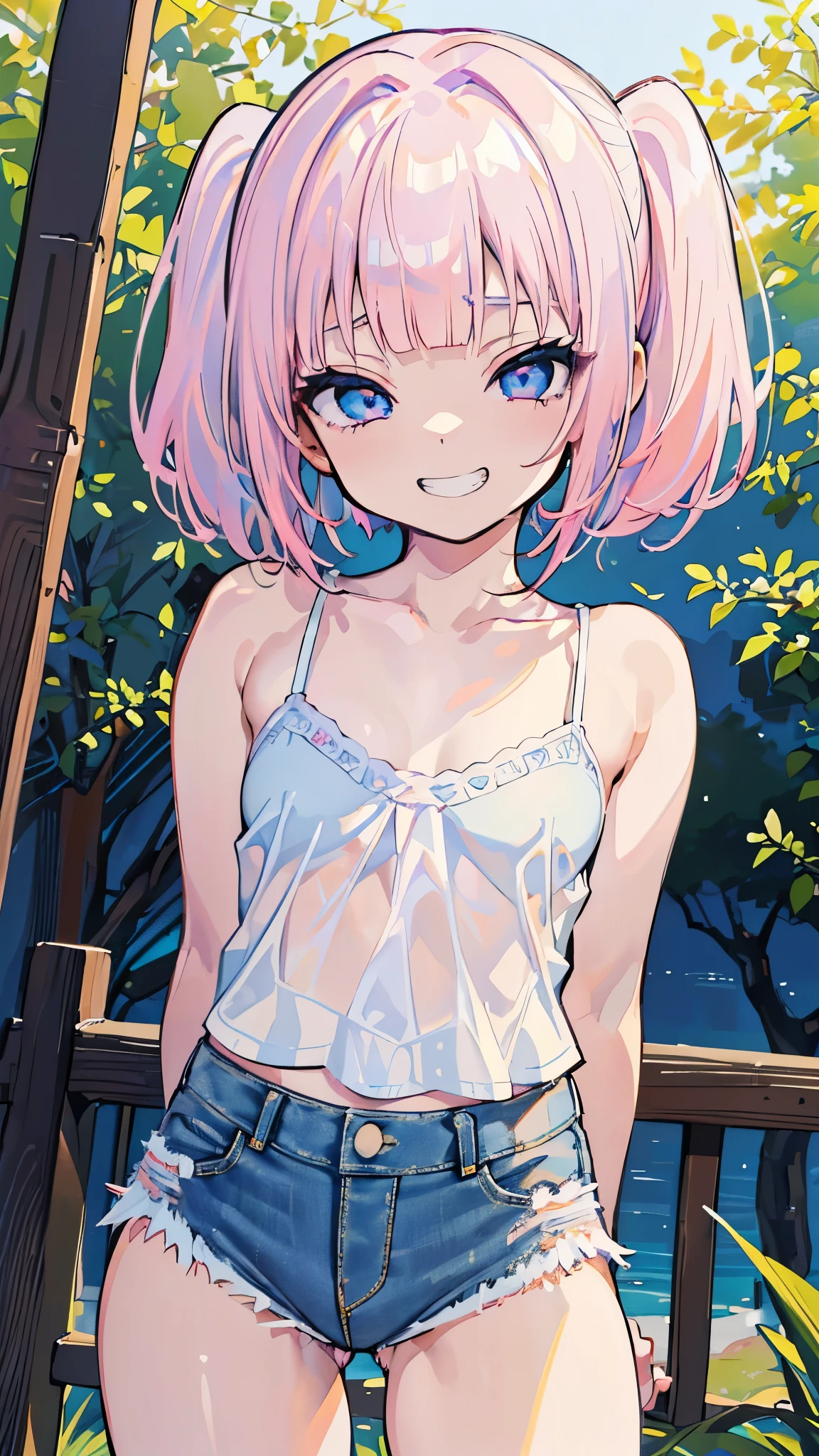 (8K、Highest image quality、highest quality、masterpiece)、detailed face、((1 baby girl))、mesugaki、pink hair、short hair、twintails、blunt bangs、light blue eyes、evil smile、((grin))、((small breasts))、((white camisole))、((denim short shorts))、((arms behind back))、Are standing、cowboy shot、park background、((nsfw))