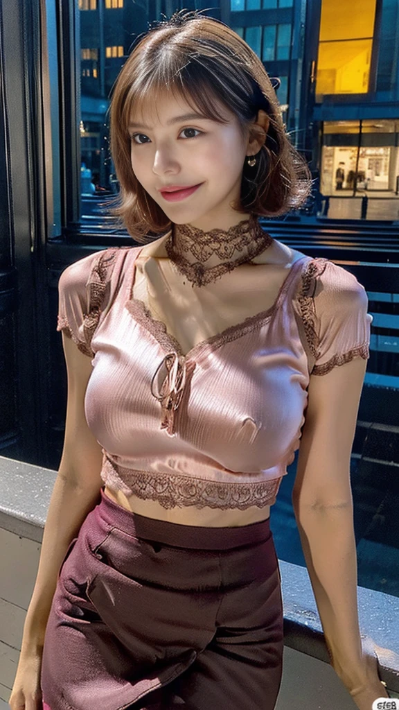 8K, masterpiece, RAW photo, highest quality, realistic, extremely detailed CG unity 8K wallpaper, Depth of bounds written, cinematic light, Lens flare, ray tracing, (very beautiful face, beautiful lips, beautiful eyes), face with intricate details, ((super dense skin)) 1 girl, in the dark, deep shadow, pretty asian girl, Idol, 1 girl, (very slim slender fit-muscled body:1.3), ((looking at the viewer)),(big smile:1.3), (tight lace blouse), ((hot pink color blouse)), (V-neck short sleeve) , (city night, dark night, (blurred background), dim light, cityscape, roof, beautiful earrings, bracelet, necklace, pantyhose, clear eyes, (white skin), (Big eyes), look forward, ((upper body shot)), ((Silk Red Color Skirt)),(brown hair),((Tight-fitting skirt )), (looking at the viewer:1.3), open chest, (very slim), medium breasts, (laced stockings ),((Laced ups and downs)), ((camel toe)), updo hair, short hair