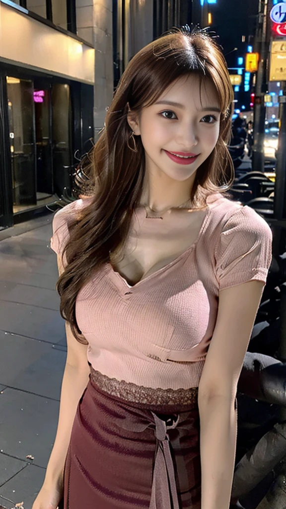 8K, masterpiece, RAW photo, highest quality, realistic, extremely detailed CG unity 8K wallpaper, Depth of bounds written, cinematic light, Lens flare, ray tracing, (very beautiful face, beautiful lips, beautiful eyes), face with intricate details, ((super dense skin)) 1 girl, in the dark, deep shadow, pretty asian girl, Idol, 1 girl, (very slim slender fit-muscled body:1.3), ((looking at the viewer)),(big smile:1.3), (tight lace blouse), ((hot pink color blouse)), (V-neck short sleeve) , (city night, dark night, (blurred background), dim light, cityscape, roof, beautiful earrings, bracelet, necklace, pantyhose, clear eyes, (white skin), (Big eyes), look forward, ((upper body shot)), ((Silk Red Color Skirt)),(brown hair),((Tight-fitting skirt )), (looking at the viewer:1.3), open chest, (very slim), medium breasts, (laced stockings ),((Laced ups and downs)), ((camel toe)), updo hair, short hair