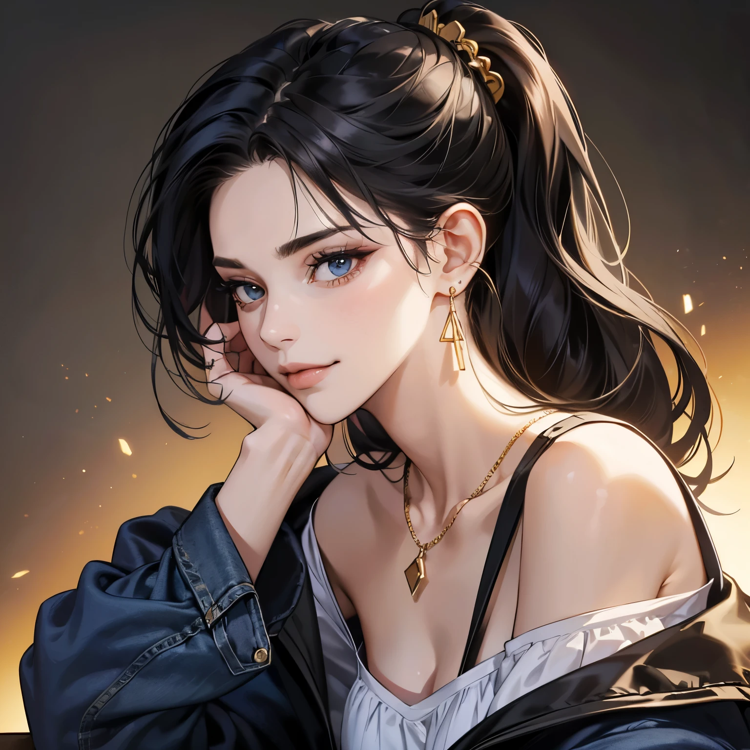 (table top, digital art, digital illustration, 4K, 8K, super detailed, beautiful images, clear image, realistic, RAW photo, perfect face, perfect lines, perfect eyes, soft lighting) ,1 female, (long black hair,The hairstyle is an up hairstyle,bullish look,beautiful woman,closed mouth,smirk,Mature,slender,23 year old female,:1.3),I am wearing an off-shoulder dark denim top.、Gold earrings and necklace、plain background