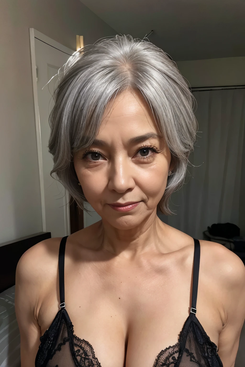 65 years old,gray hair,(there are many wrinkles on her face:1.2),(There are many wrinkles on her chest1.2),old woman,black sexy lingerie,Bedroom,