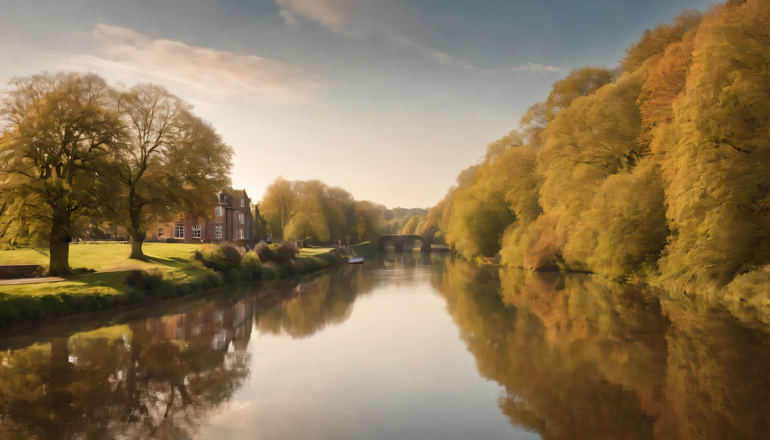(Highly detailed CG Unity 8k wallpaper、masterpiece、highest quality、Super detailed)、(best lighting、best shadow、very delicate and beautiful)、highest quality、8k、Detailed facial depiction、masterpiece、highest quality、clear image quality、
A photo of the scenery along the UK taken from the train window'rivers and canals.。