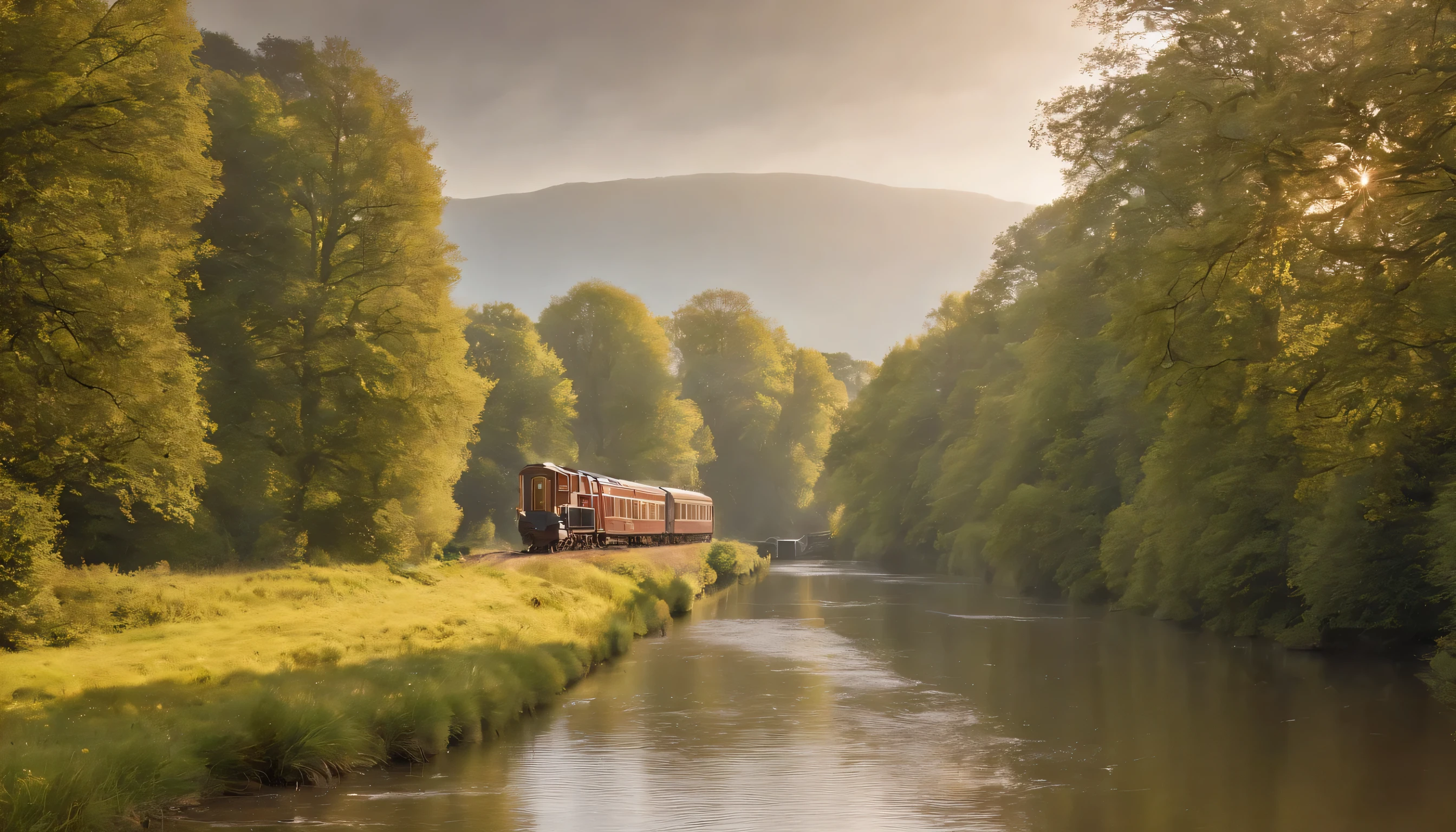 (Highly detailed CG Unity 8k wallpaper、masterpiece、highest quality、Super detailed)、(best lighting、best shadow、very delicate and beautiful)、highest quality、8k、Detailed facial depiction、masterpiece、highest quality、clear image quality、
A photo of the scenery along the UK taken from the train window'rivers and canals.。