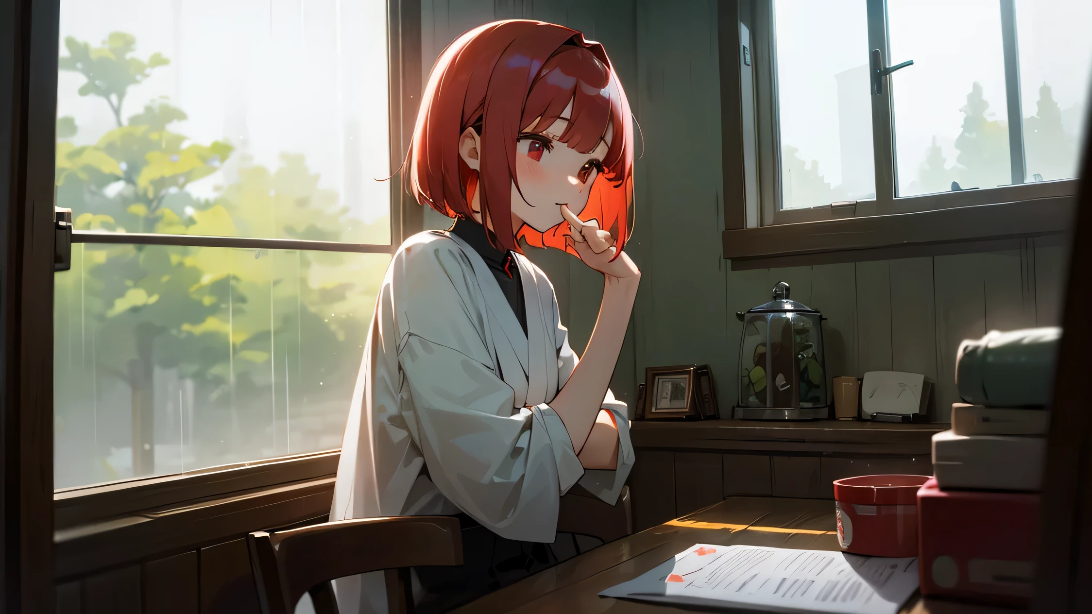 rain、 cute女の子一人、cute、redhead、red eyes、bob、bangs, cute髪飾り, my room、Mechanical、study、scenery outside the window、big window、Accurate window structure、((beautiful girl)) 4K 8K:: realistic, lonely, lonely, cute、looking outside