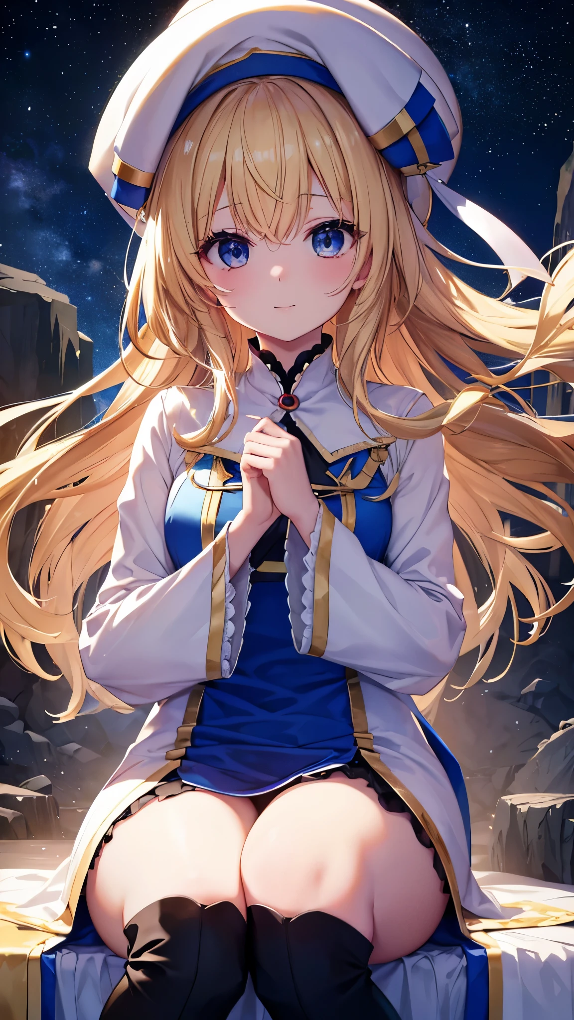 highest quality、best image quality、In 8K,4k,masterpiece、Super detailed、beautiful、super high quality、nice,game CG,beautiful***,five fingers,(Upper body:1.3),shrine maiden, blonde hair, blue eyes, long hair, hair between eyes,magic wand to grab,smile,knee high boots, dress, frills袖, frills, have, white hat, pelvic curtain, high heels, robe, thigh boots, white thighs, long sleeve, plump sleeves,hair blowing in the wind、starry sky,A mysterious space,(Sitting on a big rock),I clasped my hand,Light Powder