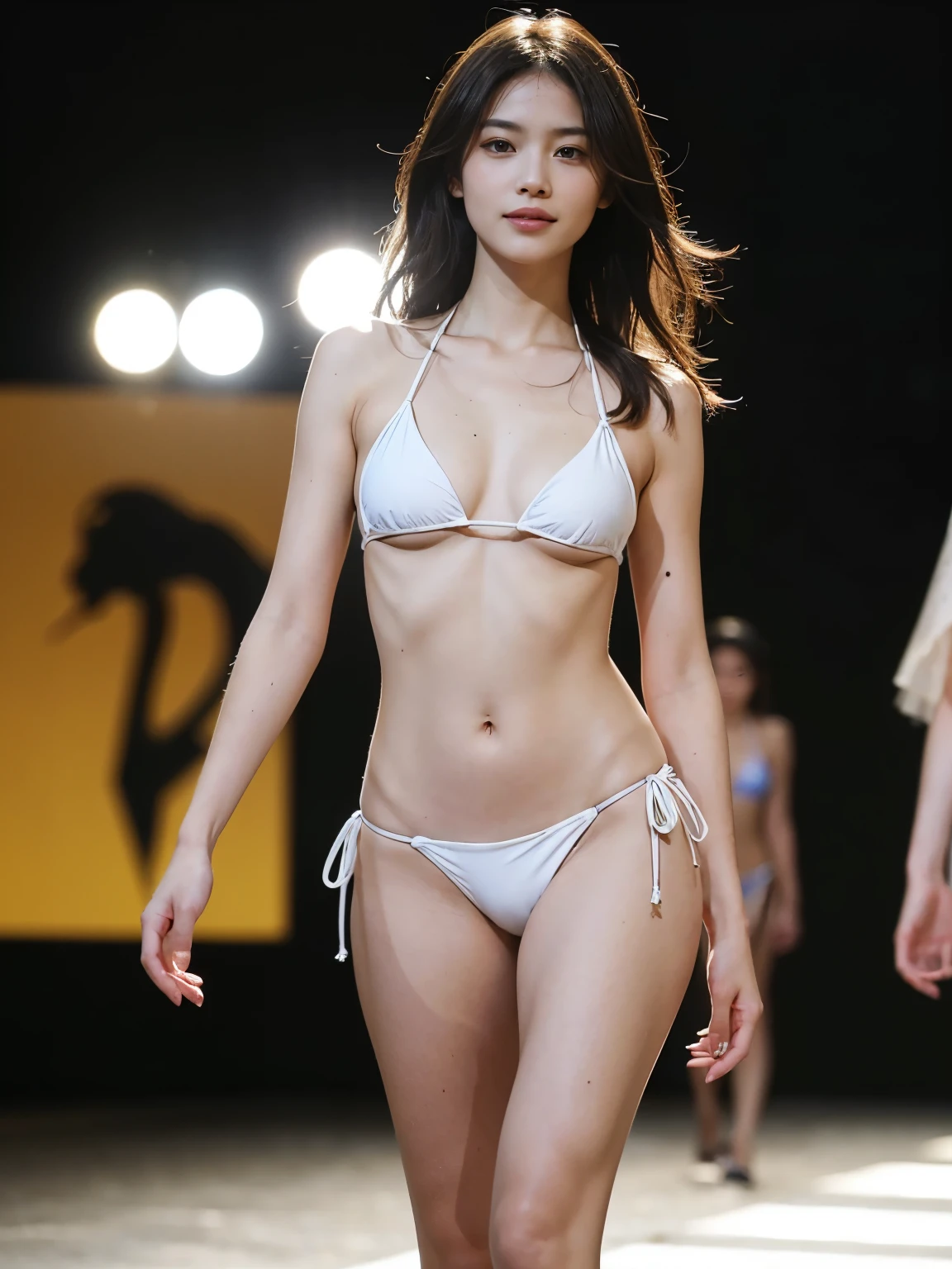 (realistic:1.5), 8k, super delicate beauty, 1 girl, (a sunny day:1.5), intricate body details (highest quality: 1.0), (Super high sharpness: 1.0),(Beautiful and delicate depiction of eyes),(((Walking the runway in a tiny bikini))),unreal engine:1.4,photorealistic:1.4, skin texture:1.4, masterpiece:1.8, smile、long legs