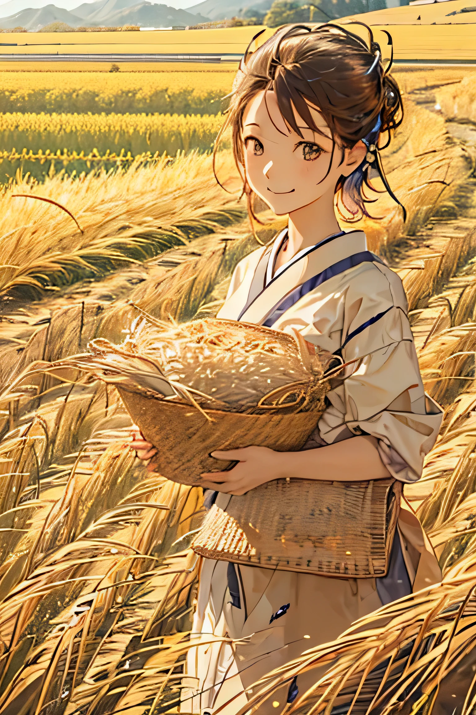 Japanese countryside scenery、There is a woman in the rice field、A woman holding a bundle of rice with both hands、smile、Himiko、anatomically correct、A golden field that spreads out all over、The ground of the rice field is dry。ripe golden ears of rice、Mountain with autumn leaves in the distance々、Clear autumn sky、