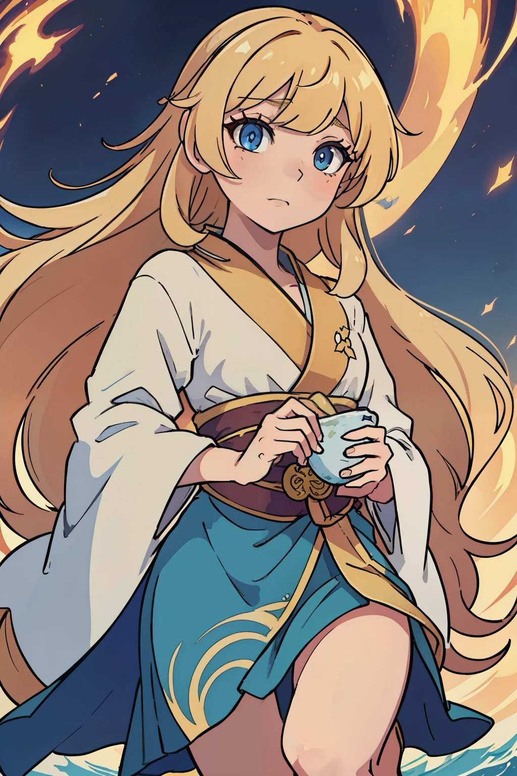 In the captivating anime image by Erika_Zukui, a blonde dragon girl with striking blue eyes gleams under the soft glow of the Japanese sun. Her long, golden hair cascades down her back in gentle waves, while her scaled body shimmers with intricate patterns of ember hues. Perched gracefully on one knee, she clutches at the folds of her elegant, dragon-like robe. The background showcases a serene, azure sky speckled with fluffy, white clouds, as the sun sets behind a nearby mountain range, casting an amber glow over the tranquil land. The overall aesthetic is reminiscent of classic anime artistry,