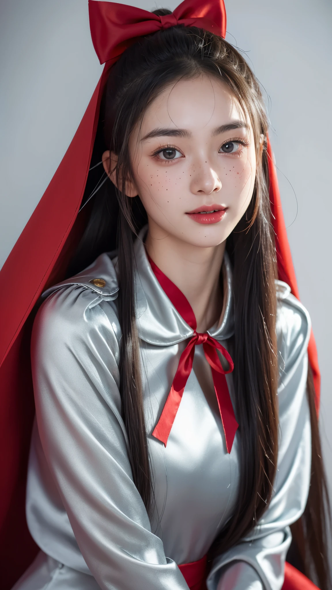 (Raw photo) , Detailed features , perfect face , perfect eyes , detailed eyes , (beautiful:1.50) , beautiful chinese girl in her 20s with long hair  in a ponytail , smiling , (((long voluminous high collar silver satin and red lined cape tied at the neck with a ribbon:1.10))) , minidress , full body, slight skin blemishes, sly smile, high-quality ultra realistic style, warm tones, soft lighting, detailed eyes, subtle freckles, professional, expressive , 8K , highly detailed