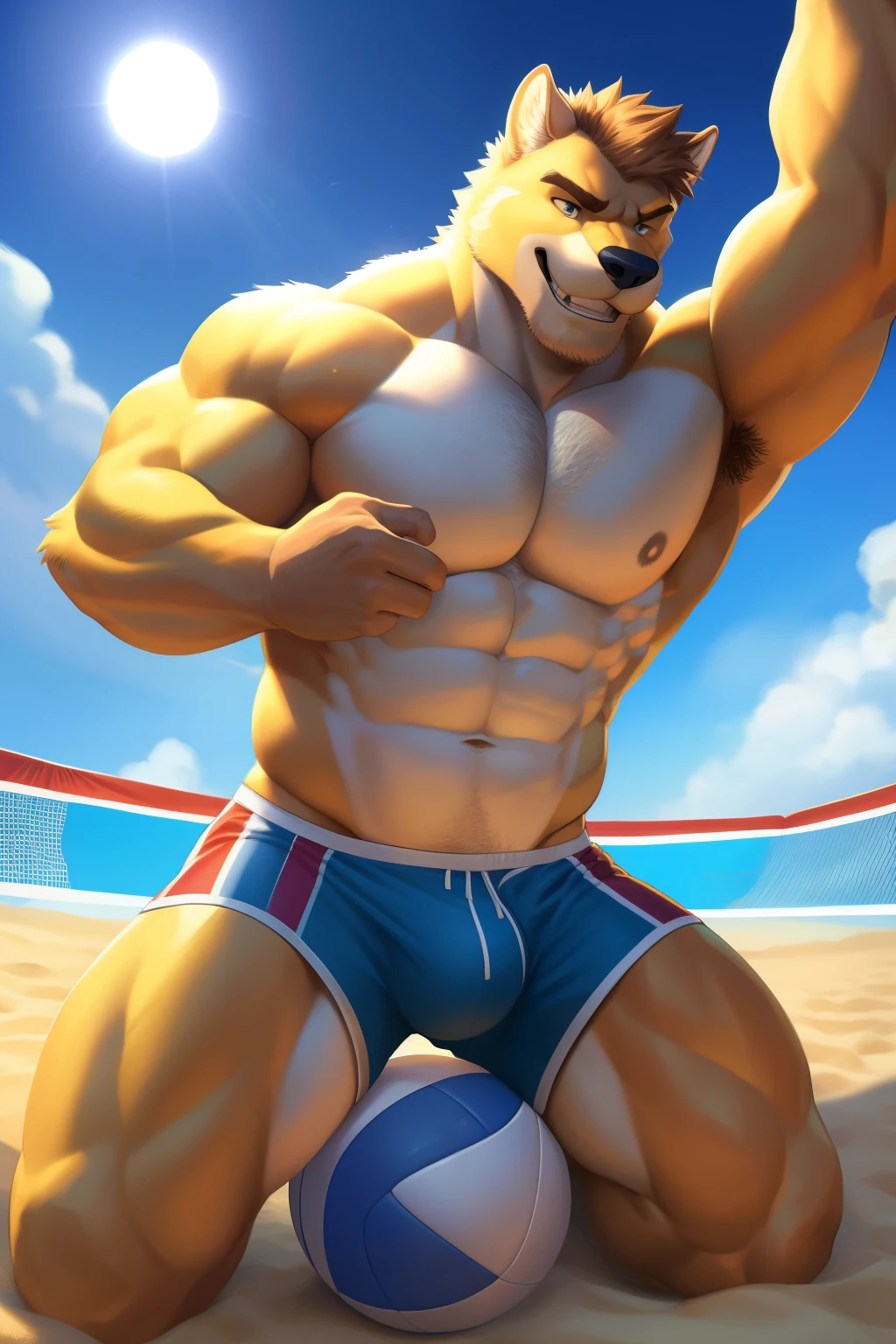 Two ultra realistic, handsome males, clad in sexy mesh short boxers – one in yellow, the other in blue – engage in a playful volleyball match on the beach. The wider angle captures their full bodies from the front, showcasing their thick physiques and toned muscles. Detailed eyes and faces highlight their expressions of focus and friendly competition. As they kneel down in the sand, their hands, with intricately detailed fingers, carefully maneuver the ball between their legs. The sun casts dramatic, cinematic lighting on their bare torsos, creating an 8K, high-resolution image that invokes a sense of summer fun and camaraderie. Dark or tan