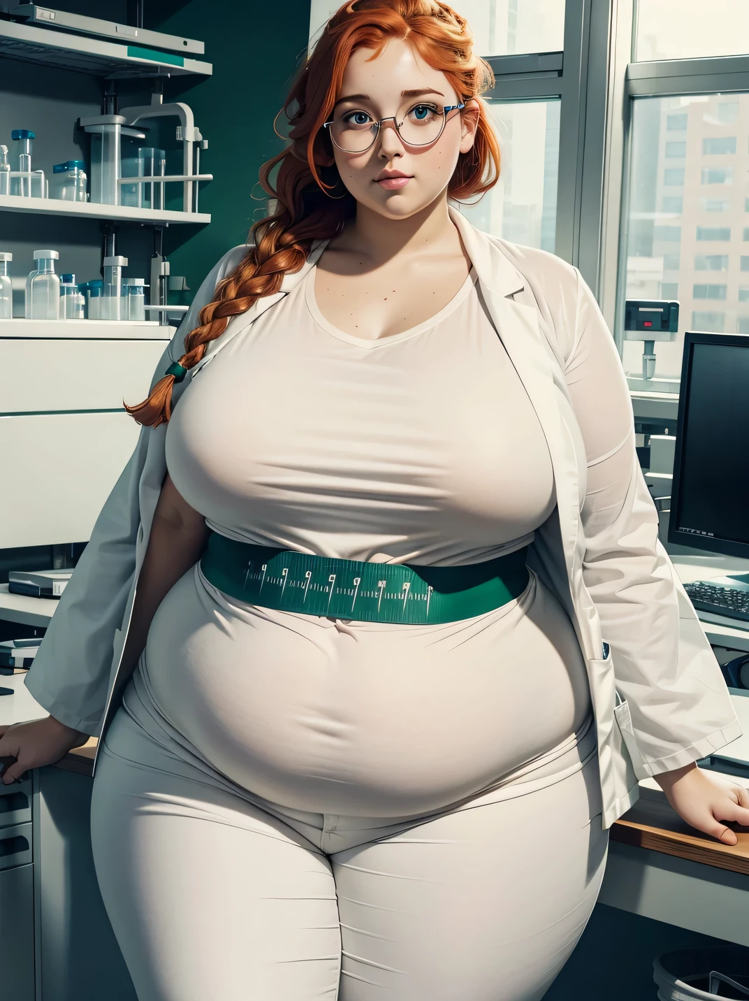 A really fat adorable cute obese ussbbw young redhead fat woman scientist in a lab coat, ginger braided hair, very pretty face, freckled face, freckles on her huge heavy body, huge bloated soft obese belly hanging over thights, very wide hips obese wide thights, huge fat booty, fat arms, in a white covering lab coat and glasses, under the white lab coat a green T-shirt, white jeans, wearing lab clothes in a laboratory