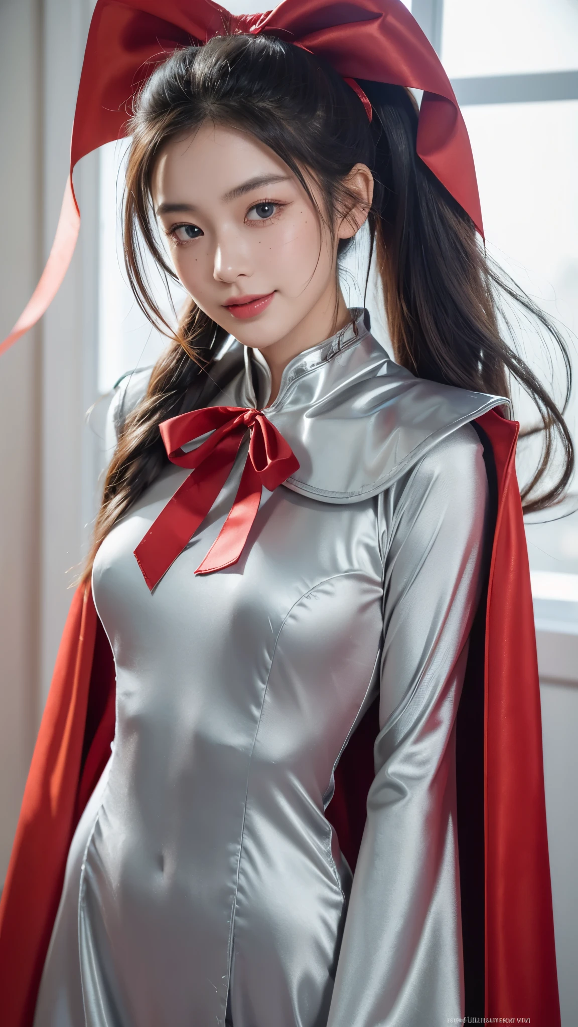(Raw photo) , Detailed features , perfect face , perfect eyes , detailed eyes , (beautiful:1.50) , beautiful chinese girl in her 20s with long hair  in a ponytail , smiling , (((long voluminous high collar silver satin and red lined cape tied at the neck with a ribbon:1.10))) , minidress , full body, slight skin blemishes, sly smile, high-quality ultra realistic style, warm tones, soft lighting, detailed eyes, subtle freckles, professional, expressive , 8K , highly detailed