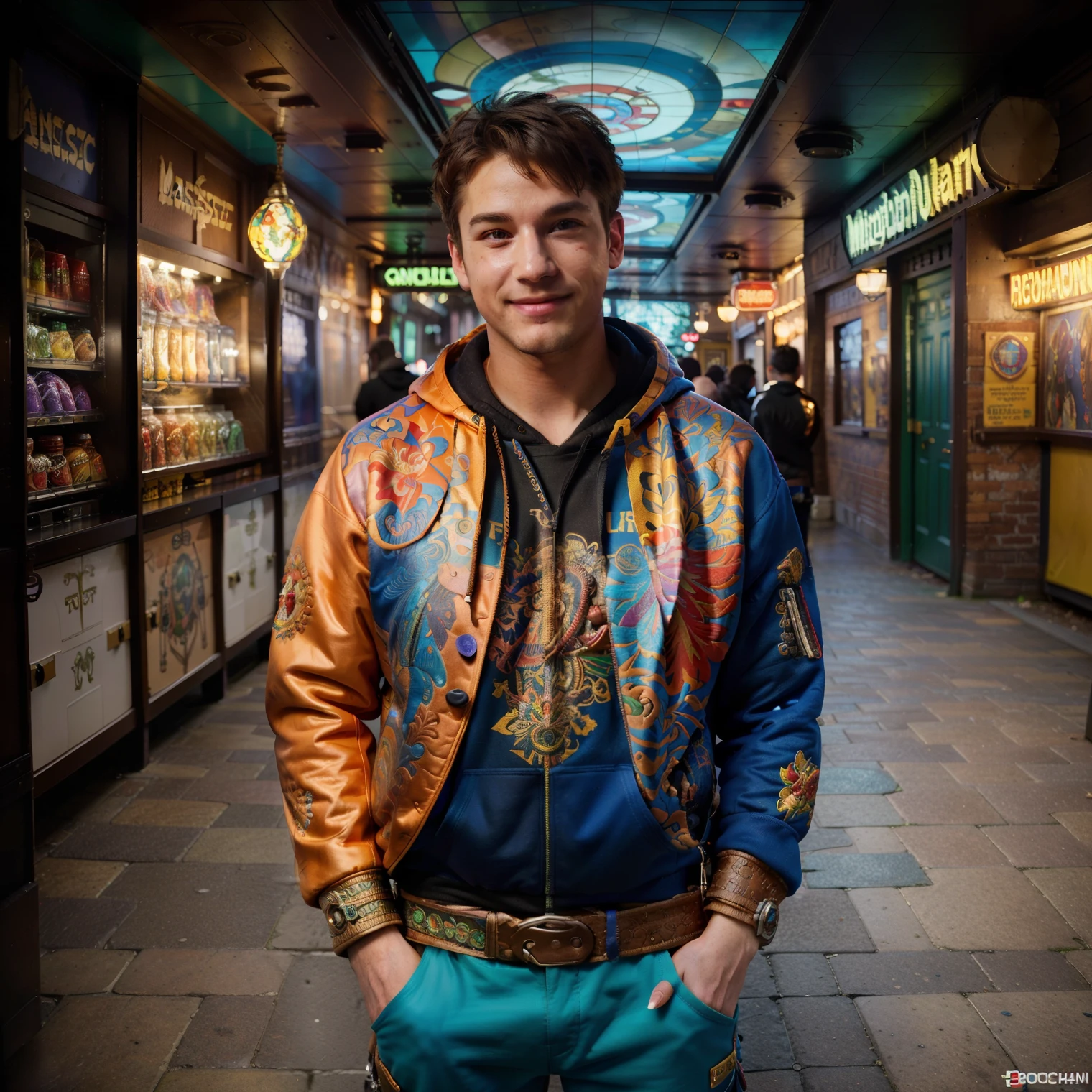 Vivid colors, pick color, a beautiful and happy man with a confident expression and pose, game characters, steampunk design hoodies, white, otherworldly England style, and a story to tell, insanely detailed, (((masterpiece))), best quality, 8k, ultra high res, High contrast and low saturation, (((Anatomy-based character design)), by BoochaN