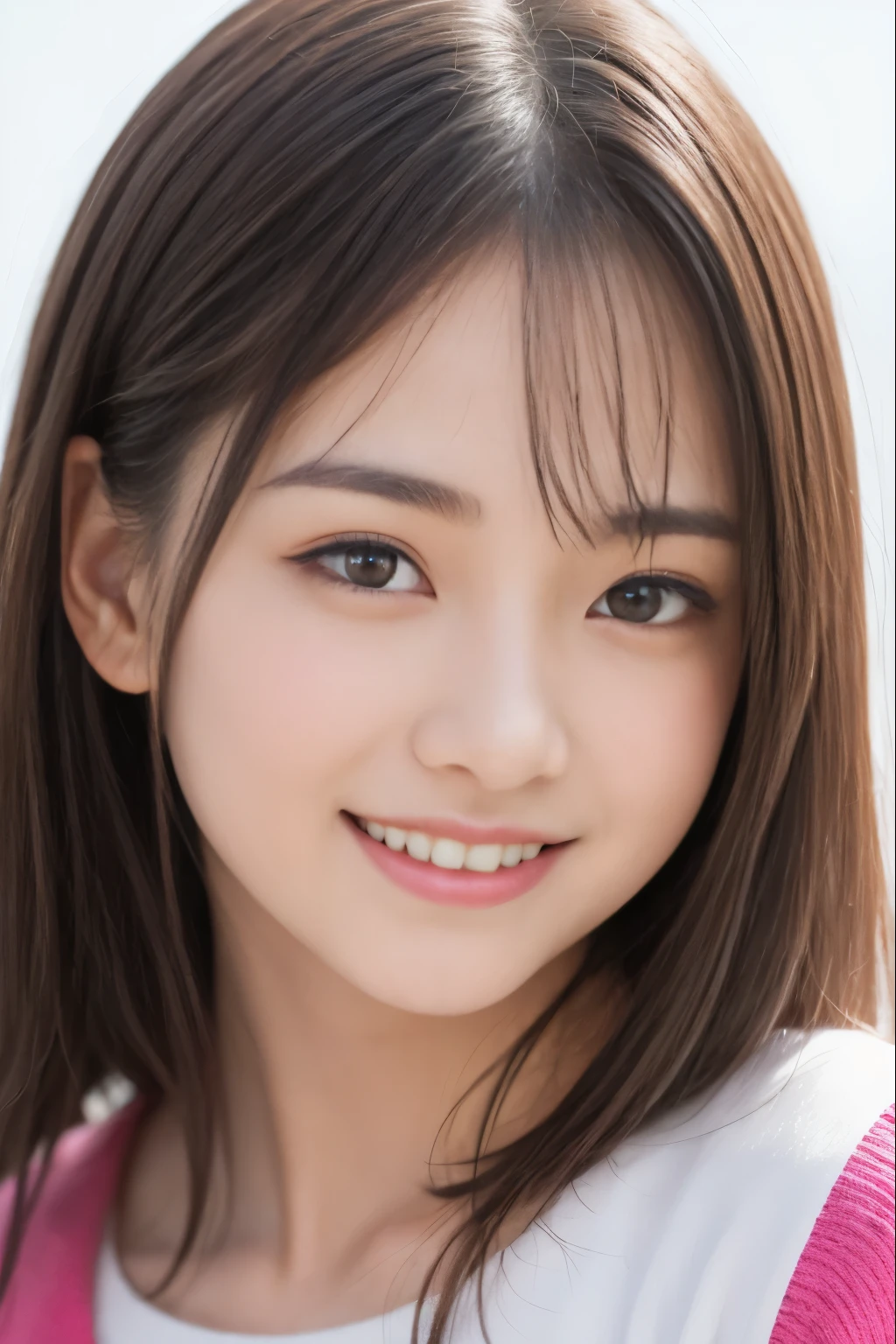 bright pink background、highest quality、ultra high resolution、Beautiful woman、cute、alone、japanese woman。15 year old student、high school student、smile。beautiful young female model。bright look、photorealism、extraordinary beautiful girl、beautiful expression、(PurerosFace)、radiant white skin、light brown straight hair、thin hair、charming beautiful brown eyes、double eyelid、fashion girl。close-up portrait。healthy face。skin care cosmetics、professional lighting。2024, Clothes that are popular in spring, Tokyo