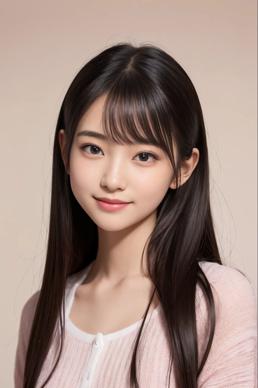bright pink background、highest quality、ultra high resolution、Beautiful woman、cute、alone、japanese woman。15 year old student、high school student、smile。beautiful young female model。bright look、photorealism、extraordinary beautiful girl、beautiful expression、(PurerosFace)、radiant white skin、light brown straight hair、thin hair、charming beautiful brown eyes、double eyelid、fashion girl。close-up portrait。healthy face。skin care cosmetics、professional lighting。2024, Clothes that are popular in spring, Tokyo
