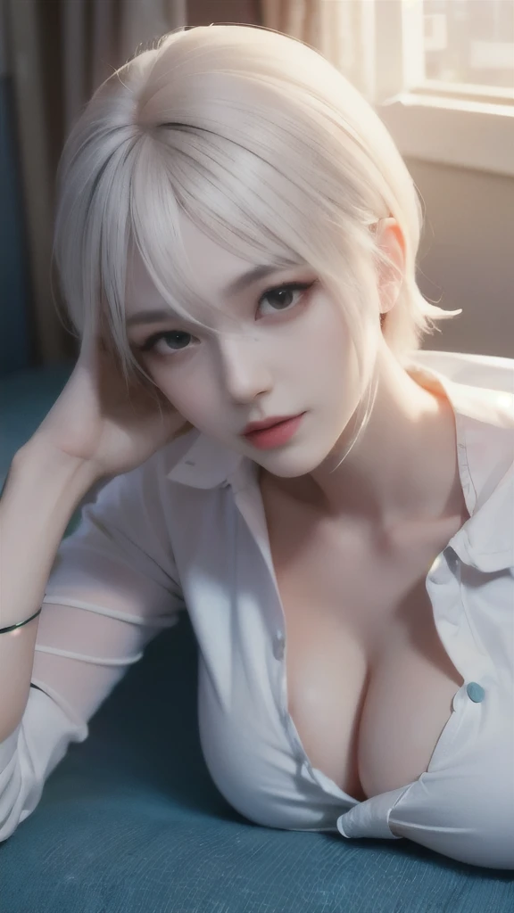 sweet expression, Lying, white glasses, short hair, (8k, RAW photo, realistic:1.25) ,( lip gloss, eyelash, shiny face, shiny skin, highest quality, ultra high resolution , Depth of the bounds written, chromatic aberration, caustics, wide light, natural shadow, K-POPアイドル) Gazing at the viewer with a calm and goddess-like blissful expression, whole body, big breasts, black stockings, white shirt, secretary、smile、(full shot:1.8)