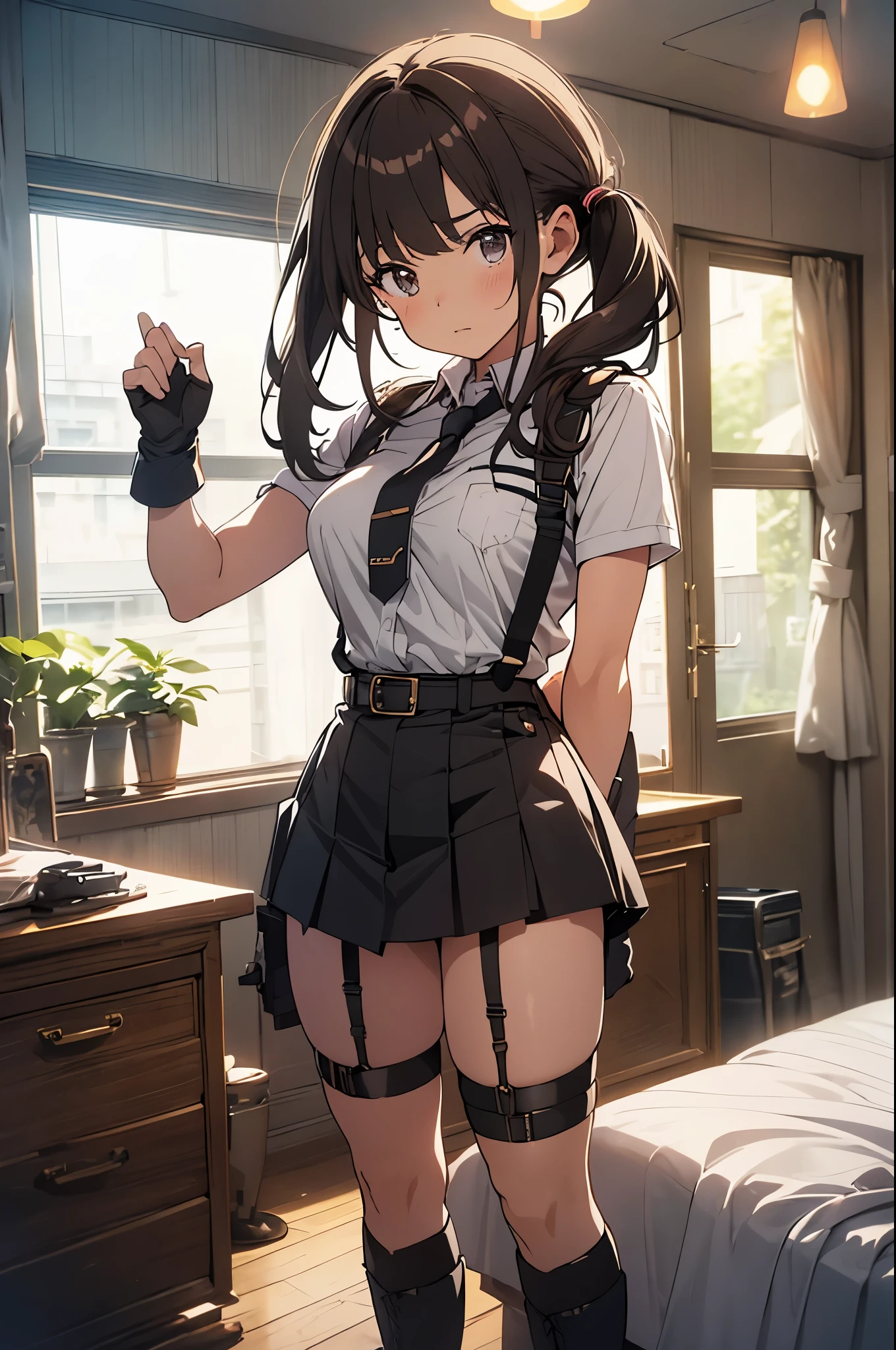 brown hair、looking at the viewer suspenders big swollen black mini skirt garter belt knee high socks Aerial perspective small face bangs Beauty hands up sideways view black boots provocation one person cutter shirt hands behind put your hands behind your back Hands behind your back With your hands behind your back armed holster Belt Garter Bell Black Gloves with Holes A Hotel Room Bed wall side