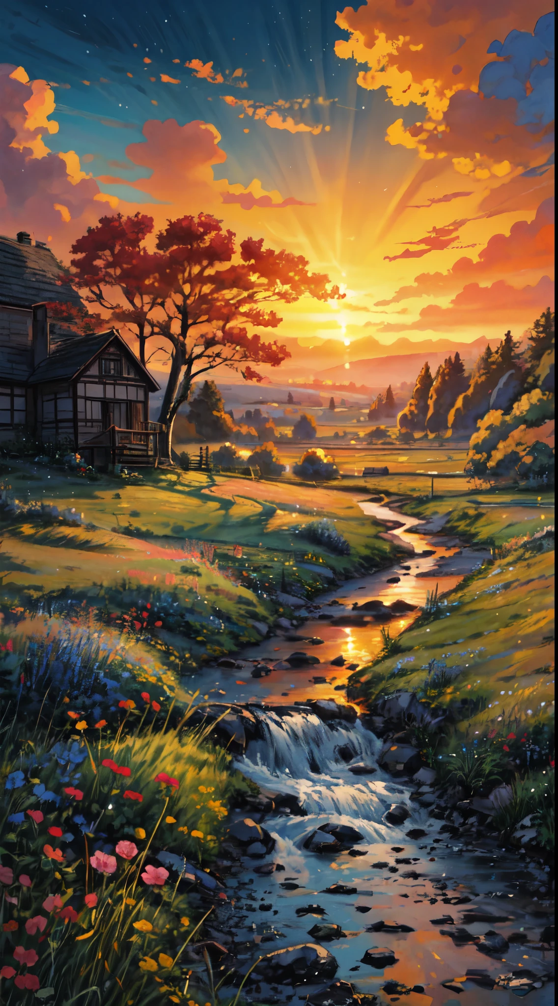 painting of a sunset over a field with a stream and a house, scenery art detailed, scenery artwork, painted landscape, detailed painting 4 k, stunning art style, beautiful art uhd 4 k, warm beautiful scene, a beautiful artwork illustration, a beautiful landscape, a beautiful painting, fantastic landscape, beautiful landscape, vibrant gouache painting scenery, beautiful detailed scene