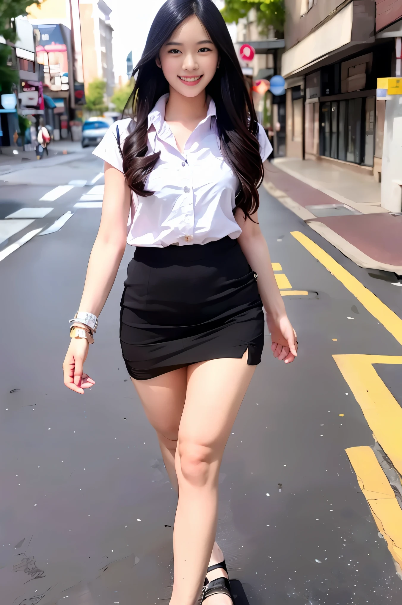 Pretty age woman, 19 years old, white and smooth skin, slender shape, Thailand university uniforms , long black hair, smile, mini skirt, walking in city street, natural light, portrait, 8k, ultra realistic 
