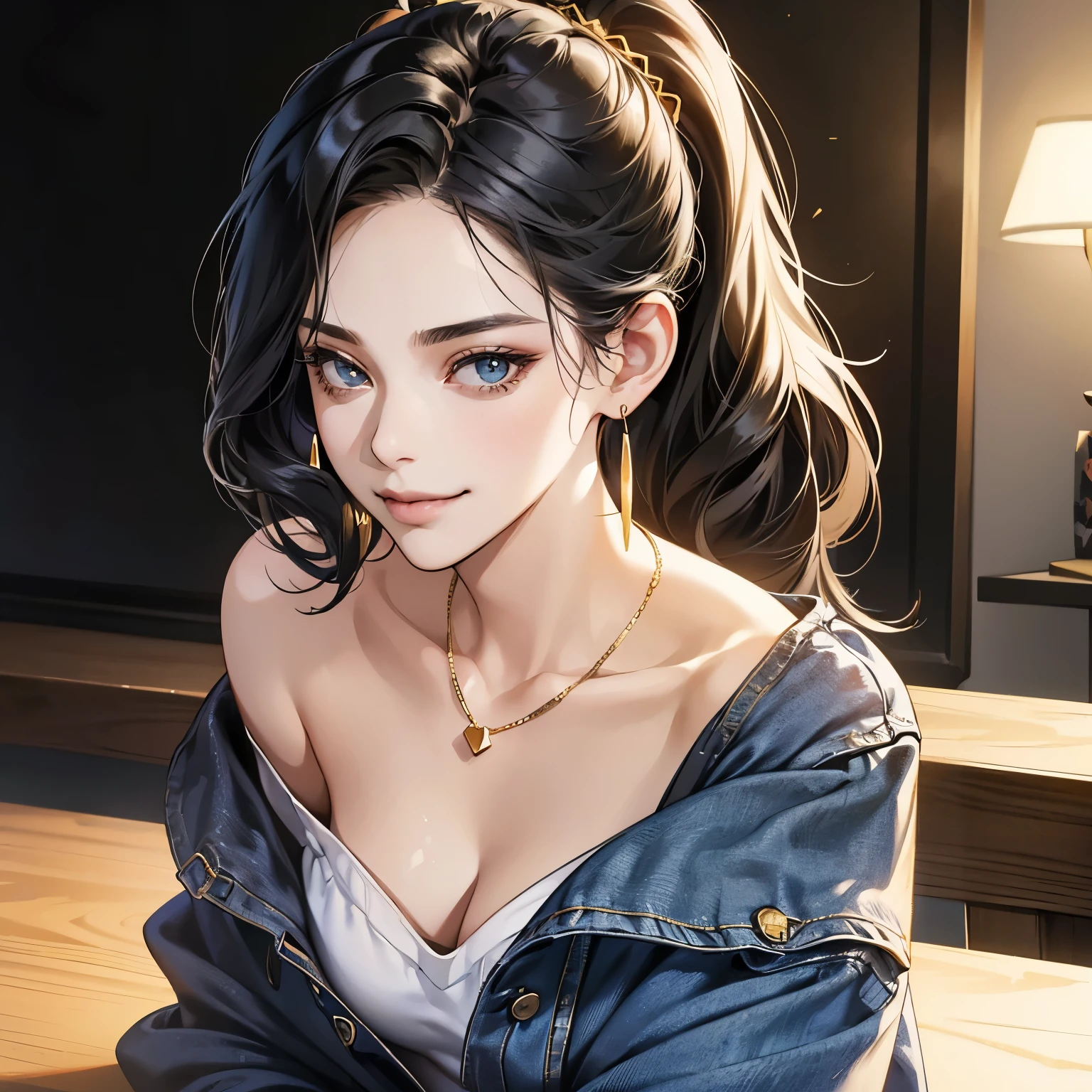 (table top, digital art, digital illustration, 4K, 8K, super detailed, beautiful images, clear image, realistic, RAW photo, perfect face, perfect lines, perfect eyes, soft lighting) ,1 female, (long black hair,The hairstyle is an up hairstyle,bullish look,beautiful woman,closed mouth,smirk,Mature,slender,23 year old female,:1.3),I am wearing an off-shoulder dark denim top.、Gold earrings and necklace、plain background