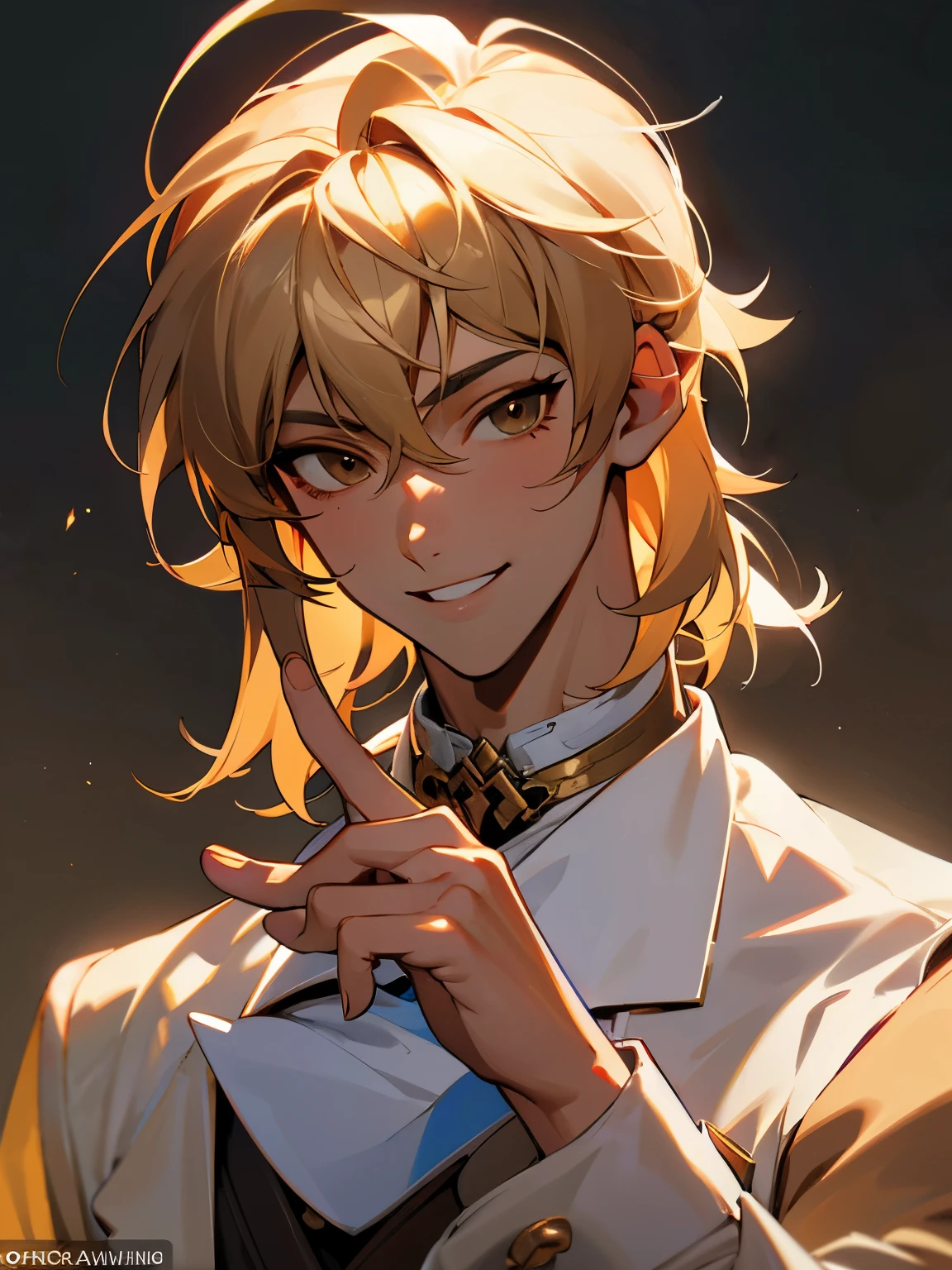 Nikolai is 22 years old, he has tanned skin, golden hair, shaved on one side and styled on the other, light brown eyes and slightly hooked nose, he has a beautiful face. He is described as extremely charming, handsome and smiling