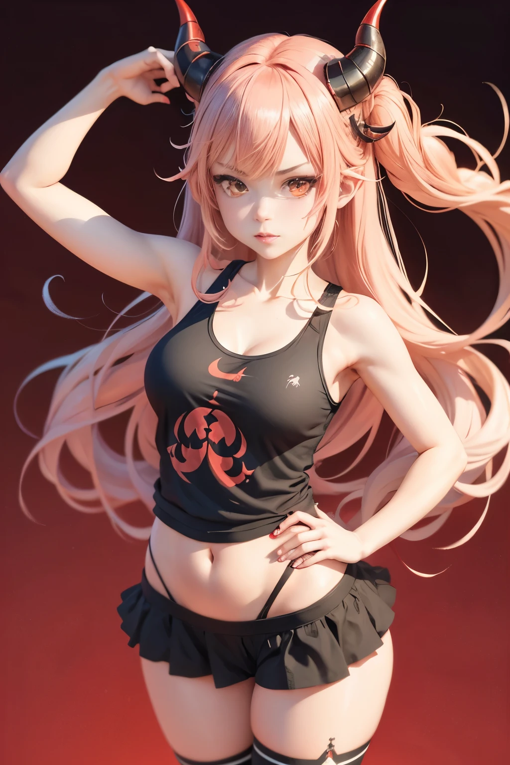 anime girl with horns and a tank top with a red background, oni horns, anime monster girl, satan daughter, in an anime style, kantai collection style, mika kurai demon, demon girl, konachan, white horns queen demon, demon anime girl, marin kitagawa fanart, octan, in anime style, with horns, shikamimi