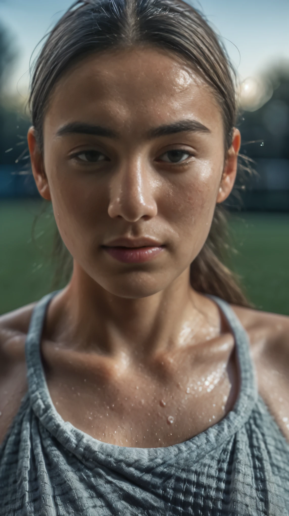 Outdoor,((overhead shot)), ((focus on face)), ((close up face)), portrait, 85mm, Solo, a girl sitting down and take a break on the ground after hard training with very sweaty body, 1 girl, ((17 years old student, beautiful face, perfect body, very sweaty body, )), ((sports bra top)), real skin type, photorealistic, realistic facial skin,((top quality:1.4)), Intricate 3d rendering of highly detailed facial skin, natural skin texturqe, detailed skin, detailed skin pores & face texture, pores, ((goosebumbs:1.2)), ((soccer playfield)), . Focus on body, cinemascope, high light, depth of field, UHD, masterpiece, super detail, textured skin, 8k, best quality, highres, ((photorealistic:1.3)), sharp focus, raw photo, hyper realistic, ((hyper realism:1.3)), ray Tracing, insane details, HDR, professional lighting