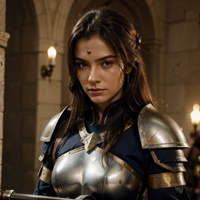 Create an image of a warrior woman, avec une armure et une épée.