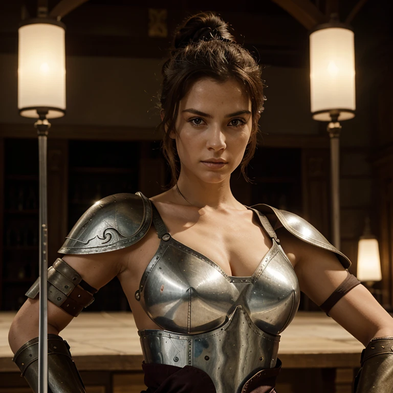 Create an image of a warrior woman, avec une armure et une épée.