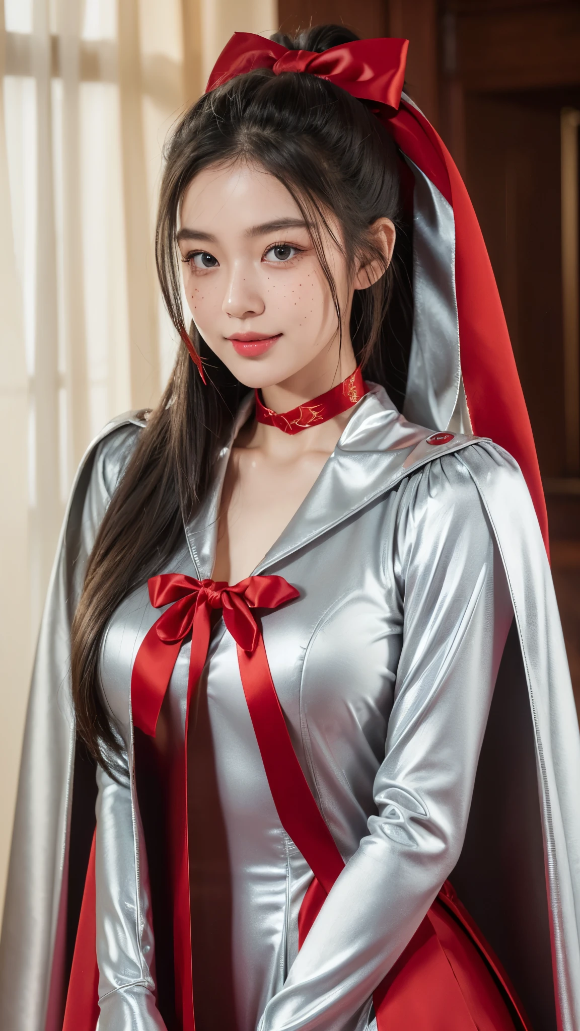 (Raw photo) , Detailed features , perfect face , perfect eyes , detailed eyes , (beautiful:1.50) , beautiful chinese girl in her 20s with long hair in a ponytail , smiling , (((long voluminous high collar silver satin and red lined cape tied at the neck with a ribbon:1.10))) , minidress , full body, slight skin blemishes, sly smile, high-quality ultra realistic style, warm tones, soft lighting, detailed eyes, subtle freckles, professional, expressive , 8K , highly detailed