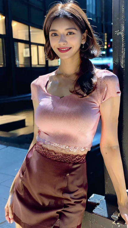8K, masterpiece, RAW photo, highest quality, realistic, extremely detailed CG unity 8K wallpaper, Depth of bounds written, cinematic light, Lens flare, ray tracing, (very beautiful face, beautiful lips, beautiful eyes), face with intricate details, ((super dense skin)) 1 girl, in the dark, deep shadow, pretty asian girl, Idol, 1 girl, (very slim slender fit-muscled body:1.3), ((looking at the viewer)),(big smile:1.3), (tight lace blouse), ((hot pink color blouse)), (V-neck short sleeve) , (city night, dark night, (blurred background), dim light, cityscape, roof, beautiful earrings, bracelet, necklace, pantyhose, clear eyes, (white skin), (Big eyes), look forward, ((upper body shot)), ((Silk Red Color Skirt)),(brown hair),((Tight-fitting skirt )), (looking at the viewer:1.3), open chest, (very slim), medium breasts, (laced stockings ),((Laced ups and downs)), ((camel toe)), updo hair, short hair