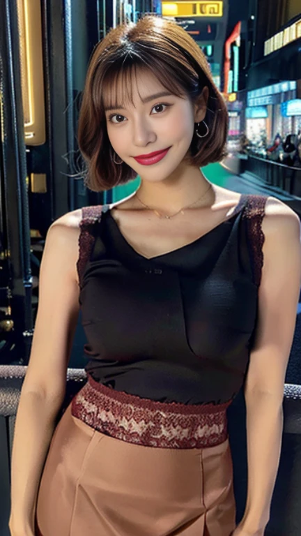 8K, masterpiece, RAW photo, highest quality, realistic, extremely detailed CG unity 8K wallpaper, Depth of bounds written, cinematic light, Lens flare, ray tracing, (very beautiful face, beautiful lips, beautiful eyes), face with intricate details, ((super dense skin)) 1 girl, in the dark, deep shadow, pretty asian girl, Idol, 1 girl, (very slim slender fit-muscled body:1.3), ((looking at the viewer)),(big smile:1.3), (tight lace blouse), ((hot pink color blouse)), (V-neck short sleeve) , (city night, dark night, (blurred background), dim light, cityscape, roof, beautiful earrings, bracelet, necklace, pantyhose, clear eyes, (white skin), (Big eyes), look forward, ((upper body shot)), ((Silk Red Color Skirt)),(brown hair),((Tight-fitting skirt )), (looking at the viewer:1.3), open chest, (very slim), medium breasts, (laced stockings ),((Laced ups and downs)), ((camel toe)), updo hair, short hair