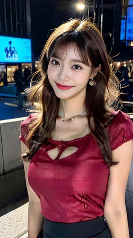 8K, masterpiece, RAW photo, highest quality, realistic, extremely detailed CG unity 8K wallpaper, Depth of bounds written, cinematic light, Lens flare, ray tracing, (very beautiful face, beautiful lips, beautiful eyes), face with intricate details, ((super dense skin)) 1 girl, in the dark, deep shadow, pretty asian girl, Idol, 1 girl, (very slim slender fit-muscled body:1.3), ((looking at the viewer)),(big smile:1.3), (tight lace blouse), ((hot pink color blouse)), (V-neck short sleeve) , (city night, dark night, (blurred background), dim light, cityscape, roof, beautiful earrings, bracelet, necklace, pantyhose, clear eyes, (white skin), (Big eyes), look forward, ((upper body shot)), ((Silk Red Color Skirt)),(brown hair),((Tight-fitting skirt )), (looking at the viewer:1.3), open chest, (very slim), medium breasts, (laced stockings ),((Laced ups and downs)), ((camel toe)), updo hair, short hair