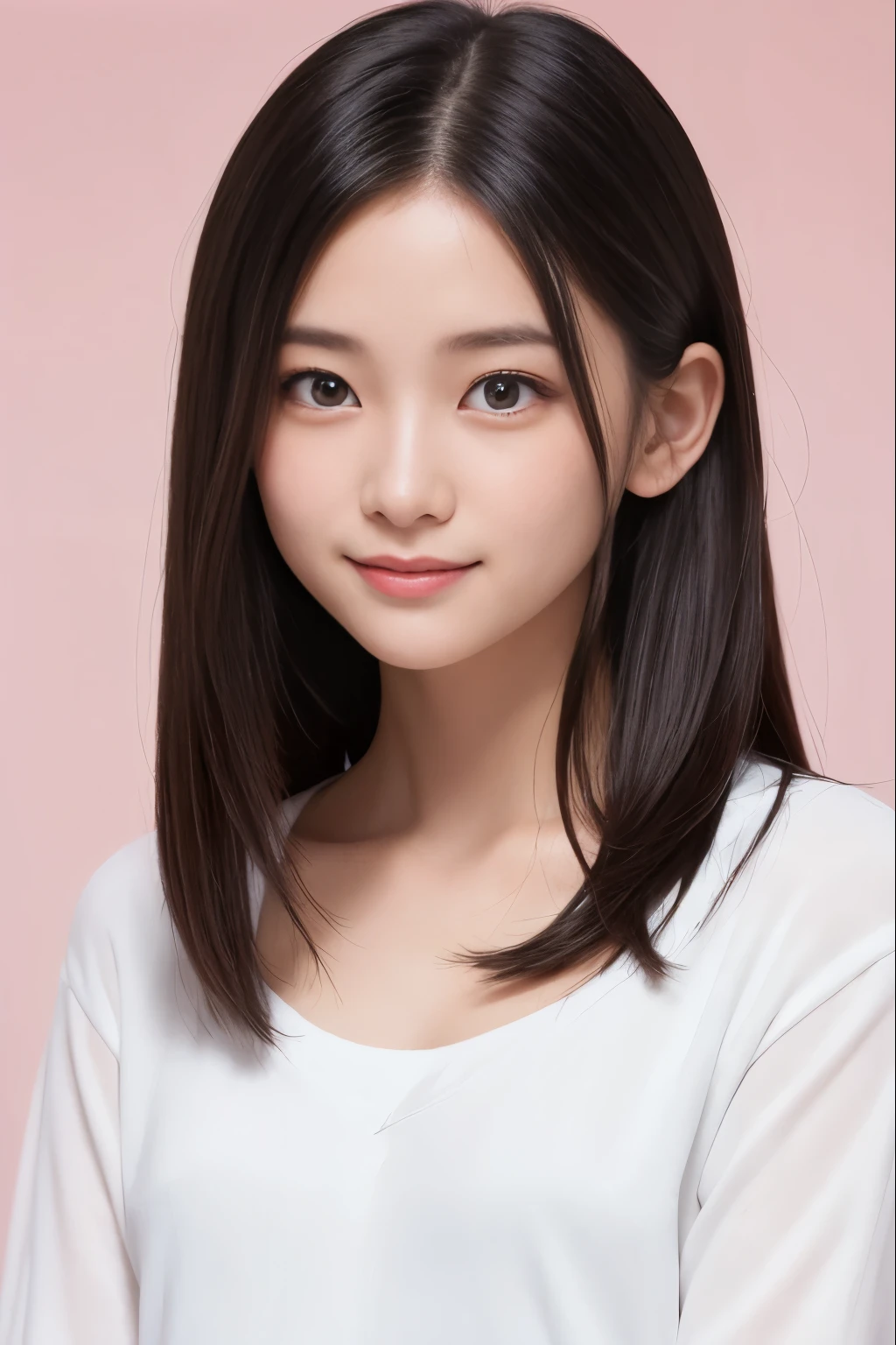 bright pink background、highest quality、ultra high resolution、Beautiful woman、cute、alone、japanese woman。15 year old student、high school student、smile。beautiful young female model。bright look、photorealism、extraordinary beautiful girl、beautiful expression、(PurerosFace)、radiant white skin、light brown straight hair、thin hair、charming beautiful brown eyes、double eyelid、fashion girl, healthy face。skin care cosmetics、professional lighting。2024, Clothes that are popular in spring, Tokyo