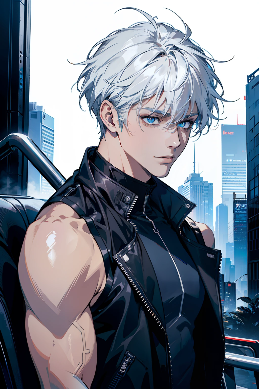 {{top-quality,masterpiece,8k wallpaper}},top-quality,Ultra-detailed CG Unity,lensflare,((1 male human)),a handsome,youthfulness,Tall muscular adult male,broad shoulder,close up of face,provocative smiling,{{Brown-skinned}},((Sharp eyes,Shining eyes,Dark blue eyes with white pupils)),Blue sleeveless shirt,Wear a black jacket with a logo,((Silver-white hair,Hair of medium length,hair messy)),Night building,neons,Cars that run,tail light,cyberpunked,Night of Cyberpunk,strong breeze.