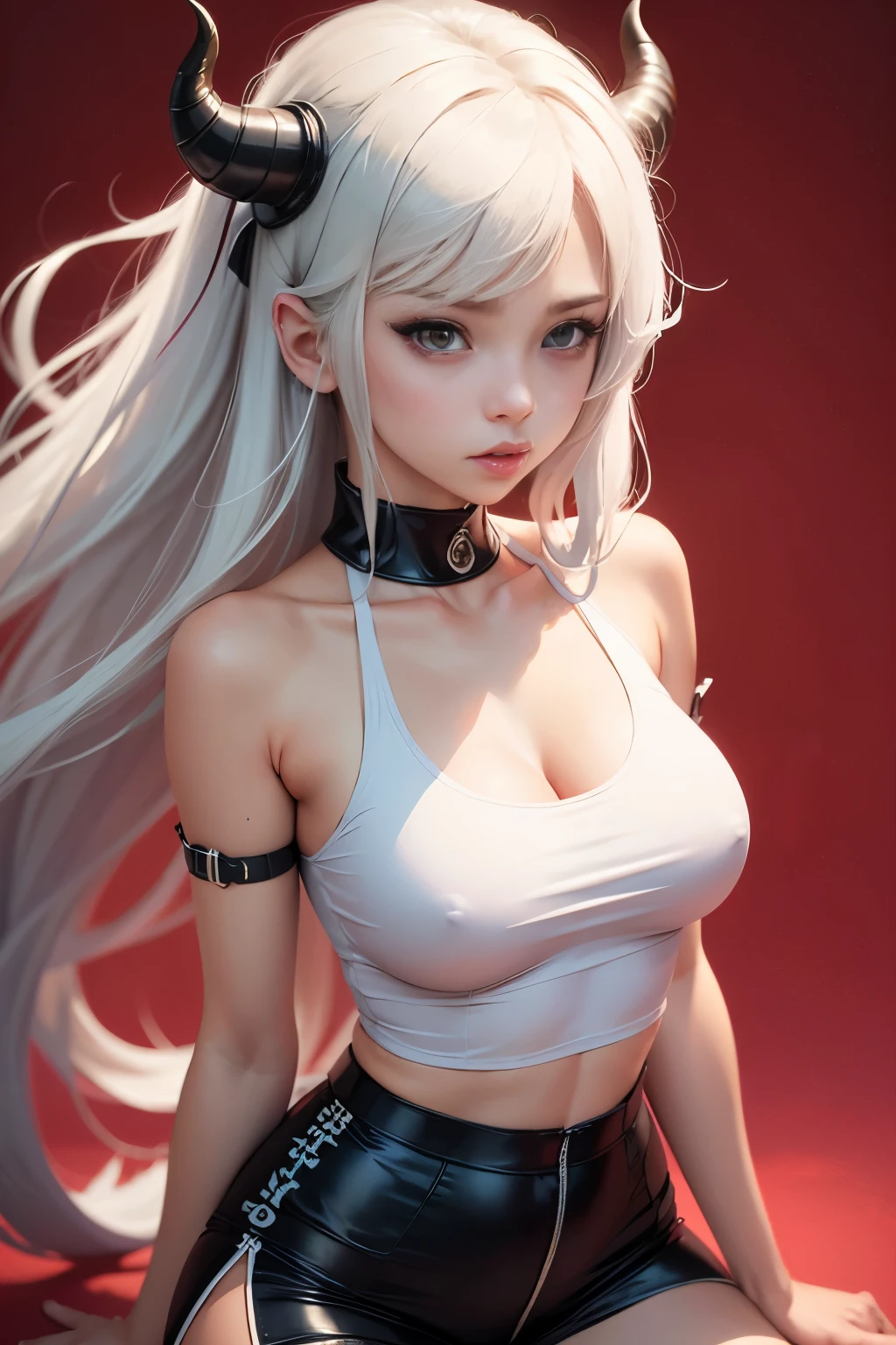 anime girl with horns and a tank top with a red background, oni horns, anime monster girl, satan daughter, in an anime style, kantai collection style, mika kurai demon, demon girl, konachan, white horns queen demon, demon anime girl, marin kitagawa fanart, octan, in anime style, with horns, shikamimi