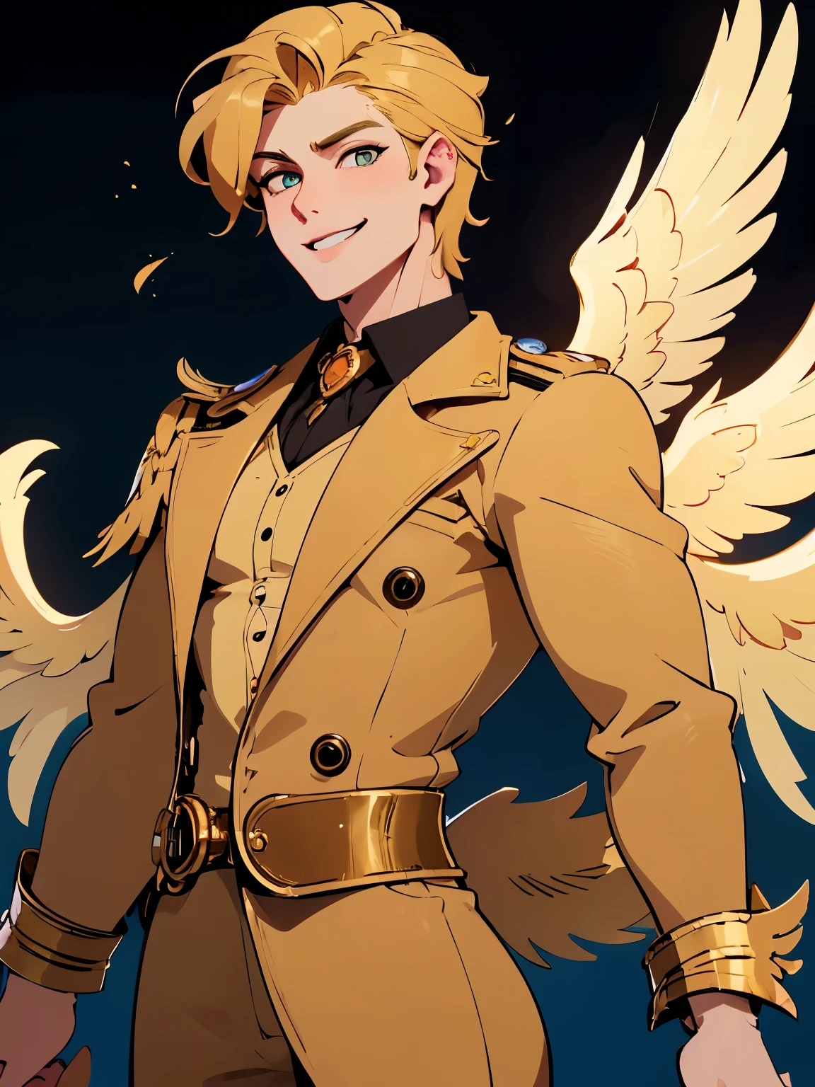 The guy is half-bird, tall, toned physique, warm skin, golden-blond hair shaved on one side and laid on the other, amber eyes, smile and dimples on his cheeks, large golden-white wings and tail behind his back, many small feathers all over his body, light clothes with steampunk elements