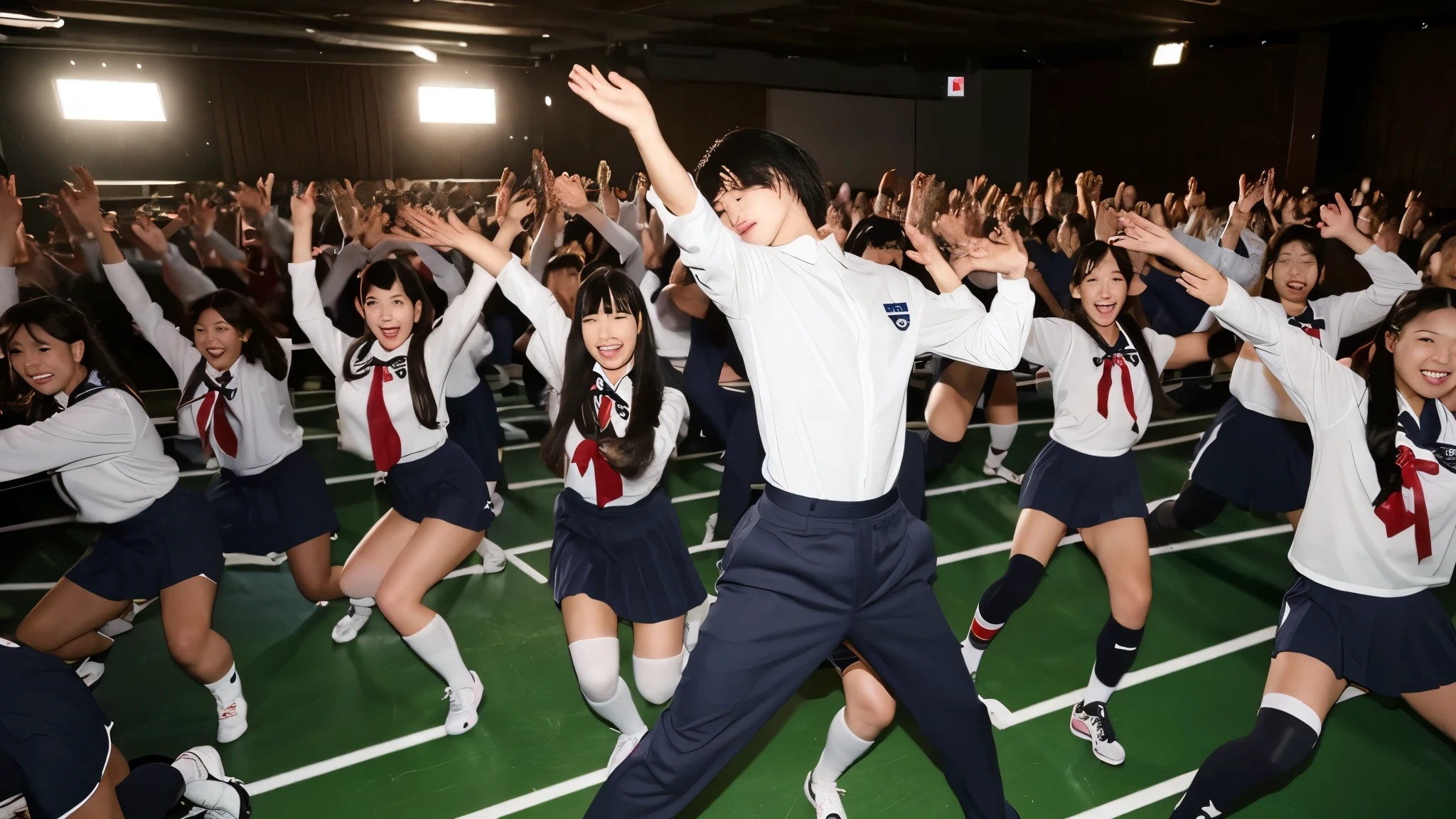 Japanese high school boys dancing with Japanese idol women in a huge classroom