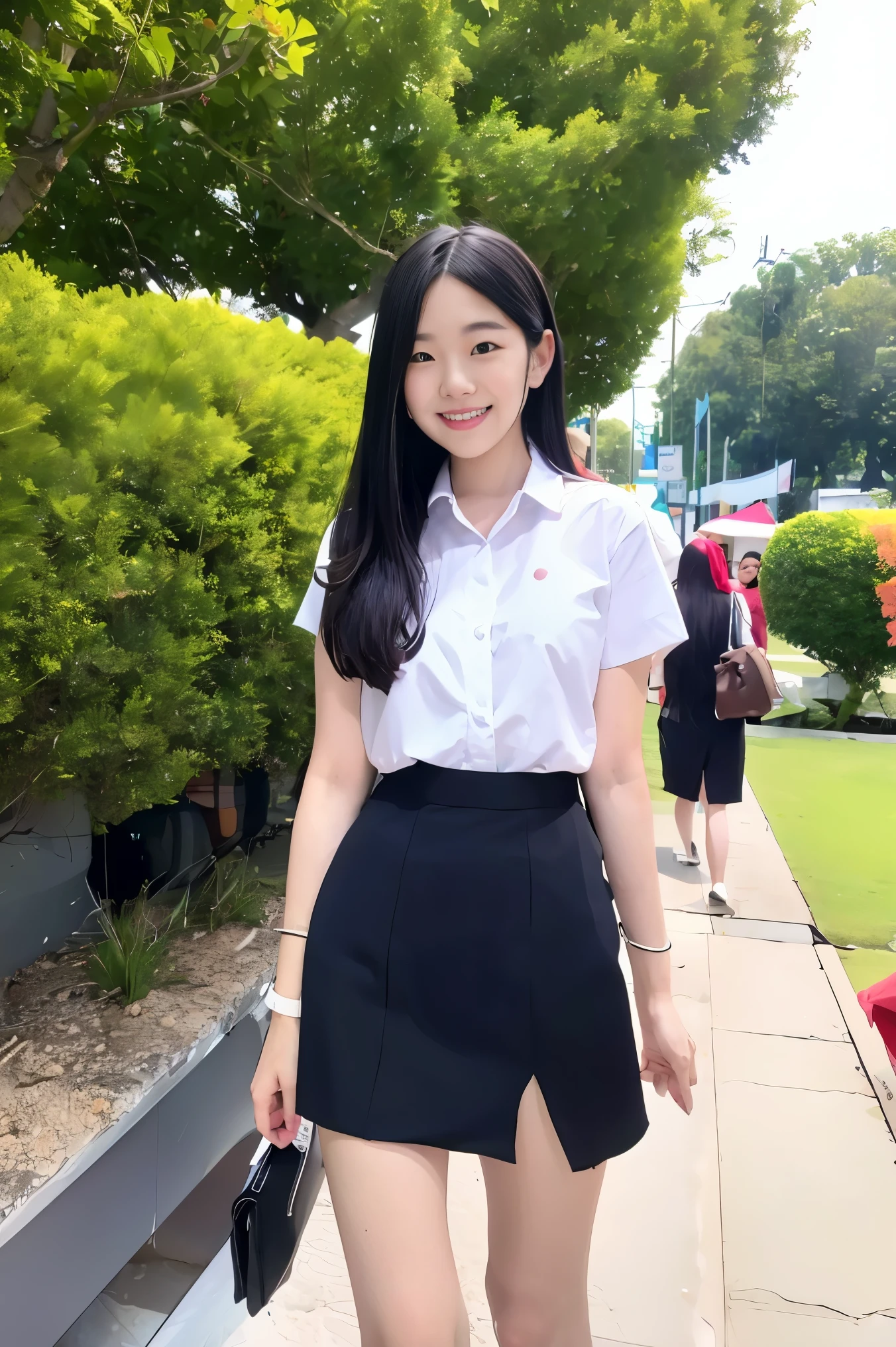 Pretty teenage woman, 19 years old, white and smooth skin, slender shape, small Thailand university uniforms , long black hair, smile, mini skirt, walking in super markett, natural light, portrait, 8k, ultra realistic