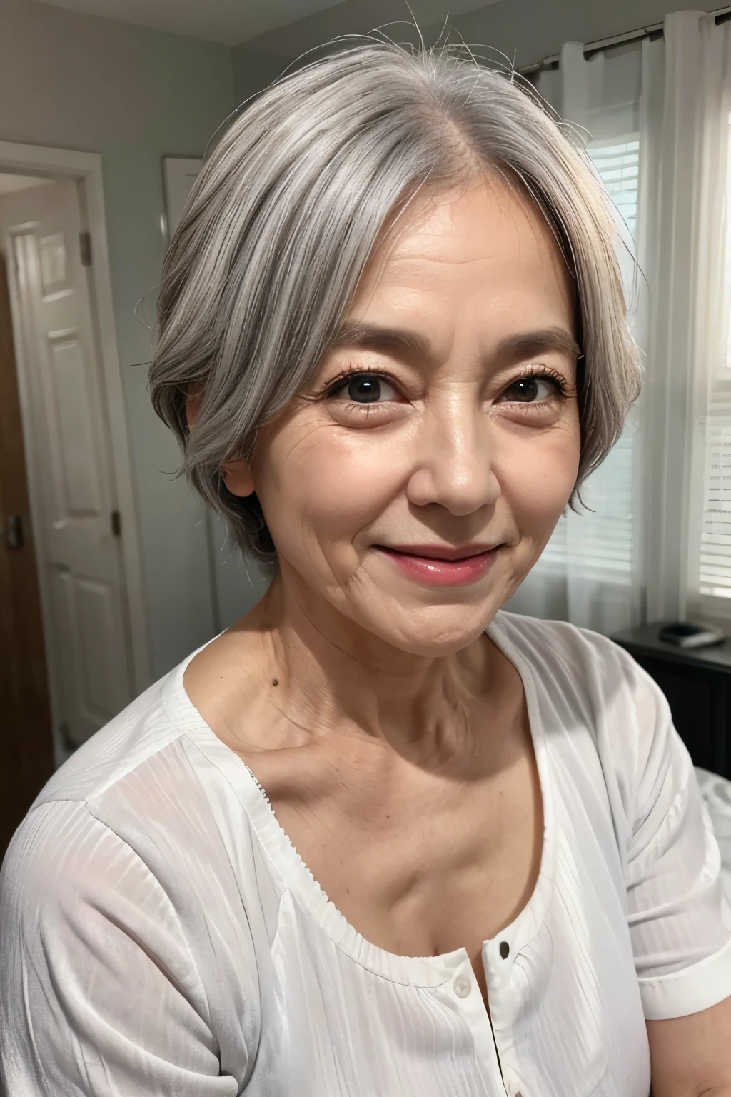 65 years old,gray hair,(there are many wrinkles on her face:1.2),(There are many wrinkles on her chest1.2),old woman,white shirt,Bedroom,smile