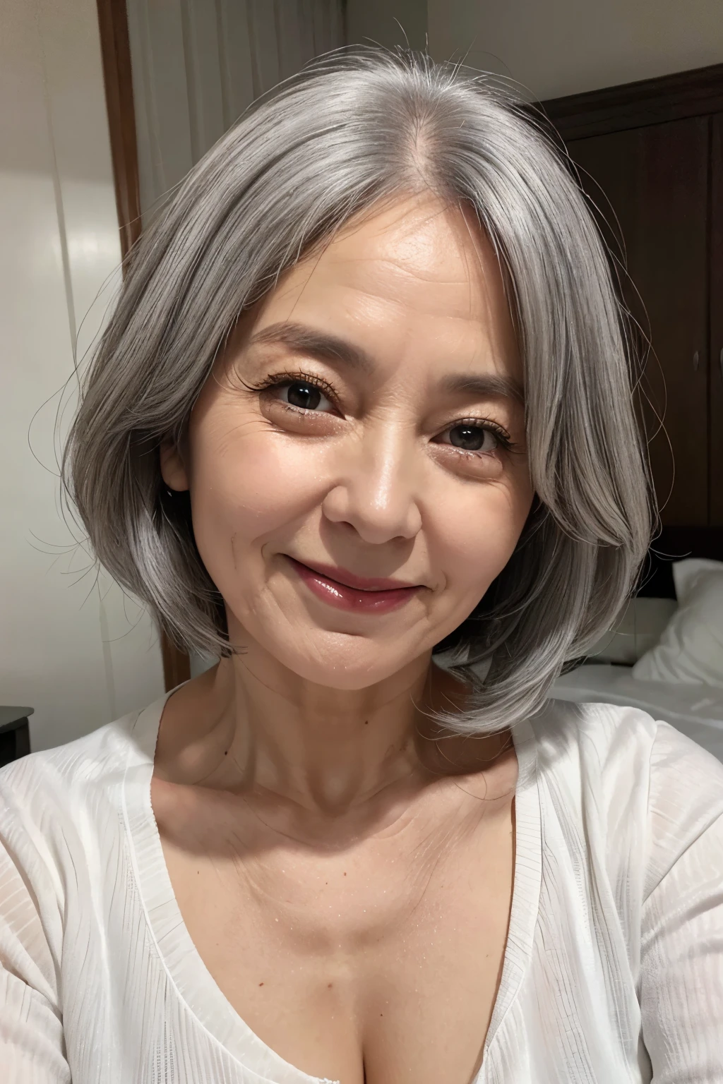 65 years old,gray hair,(there are many wrinkles on her face:1.2),(There are many wrinkles on her chest1.2),old woman,white shirt,Bedroom,smile