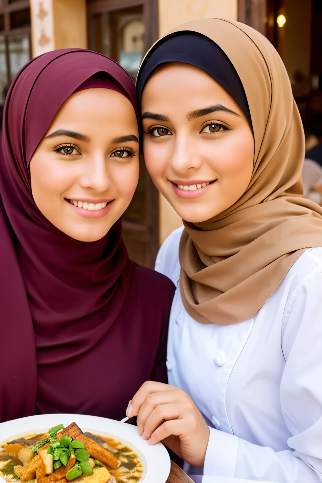 deux belles filles, fille avec hijab, restaurant marocain