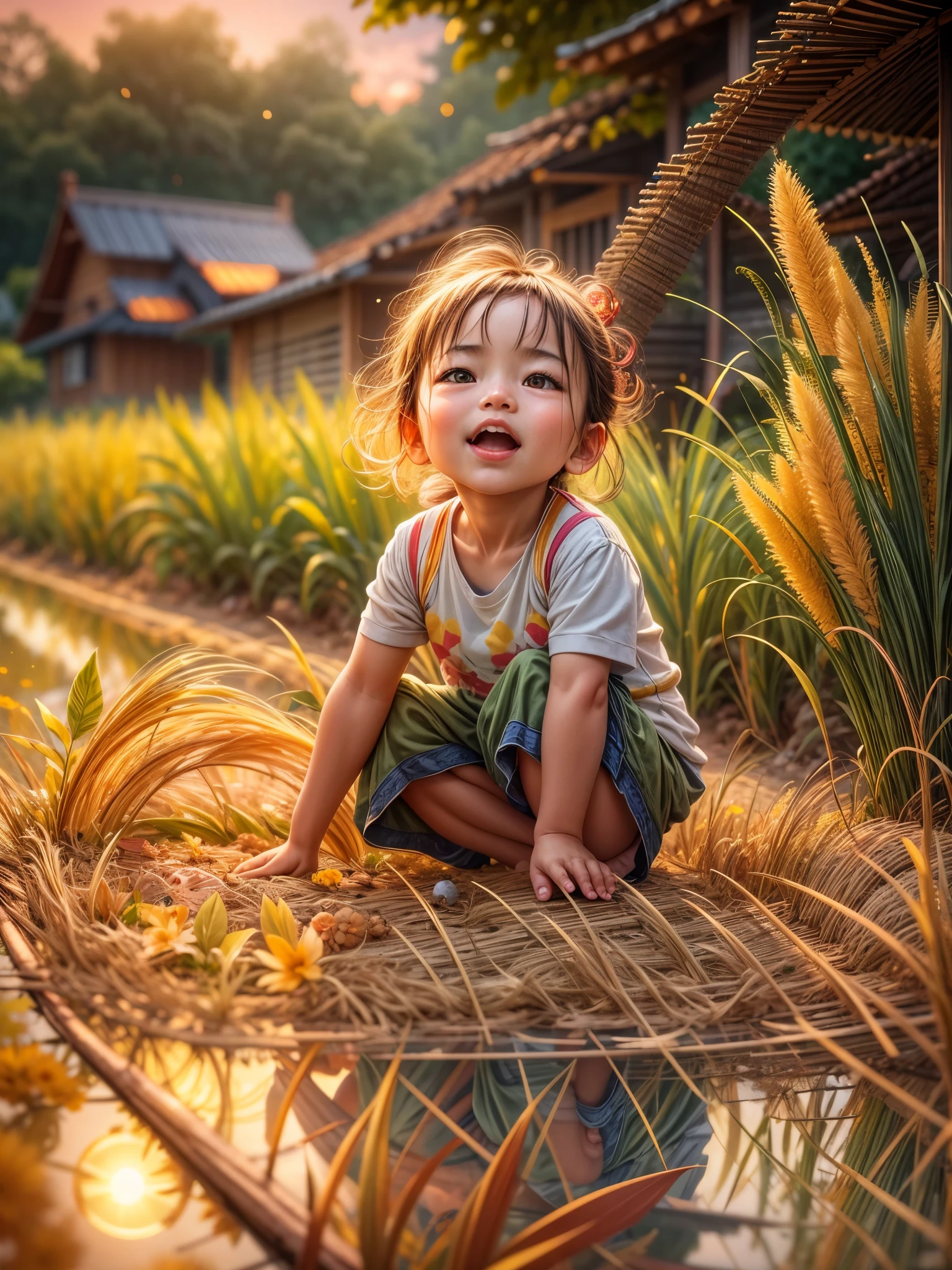 （best quality，8k，high resolution，masterpiece），Super detailed，（1.4x more realism），summer,Sunlight,beautiful toddler,golden rice fields,golden color,hapiness,children&#39;s laughter,Children playing in the rice fields,Cicada chirping,Beautiful scenery,HDR,ultra high definition,studio lighting,Super fine,sharp focus,Rendering based on real objects,Extremely detailed description,major,Bright colors,blur background,Golden sunrise,peaceful,peaceful,golden light,golden hour,nature,nature之美