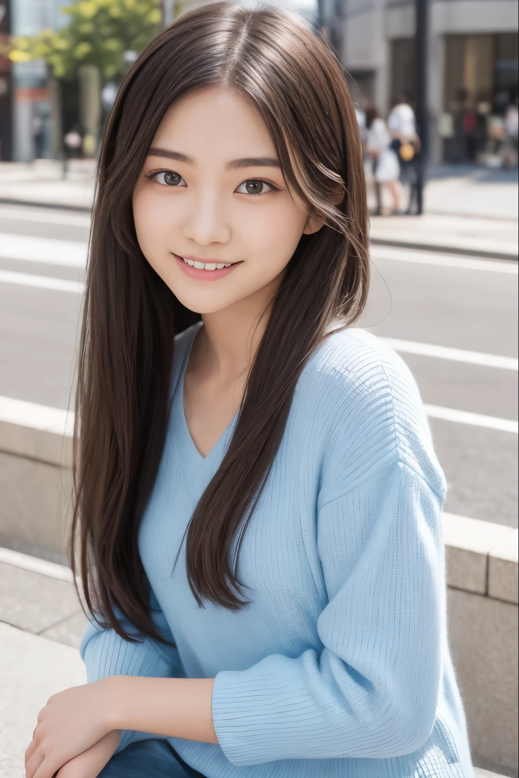 highest quality、ultra high resolution、Beautiful woman、cute、alone、japanese woman。15 year old student、high school student、smile。beautiful young female model。bright look、photorealism、extraordinary beautiful girl、beautiful expression、(PurerosFace)、radiant white skin、light brown straight hair、thin hair、charming beautiful brown eyes、double eyelid、fashion girl, healthy face。skin care cosmetics、professional lighting。2024, Clothes that are popular in spring, Tokyo, The background is Shibuya